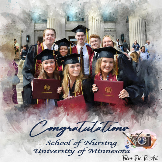 Graduation Portrait Painting shows happy students at Graduation celebration- FromPicToArt