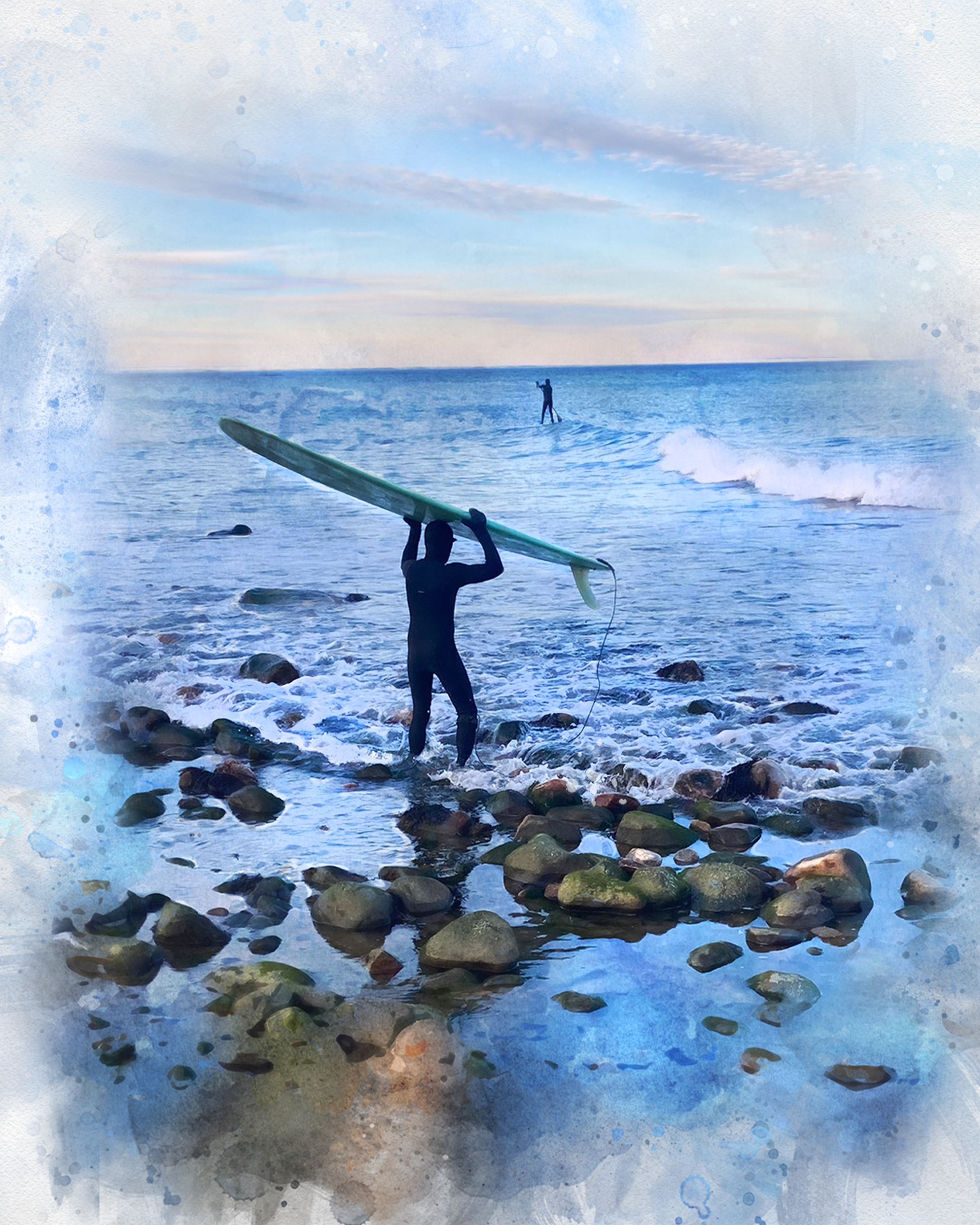 Beach-Surf_painting_with_two_surfers_One_carries_his_surfboard_from_the_shore_while_the_other_rides_the_waves._A_dynamic_coastal_scene_by_FromPicToArt
