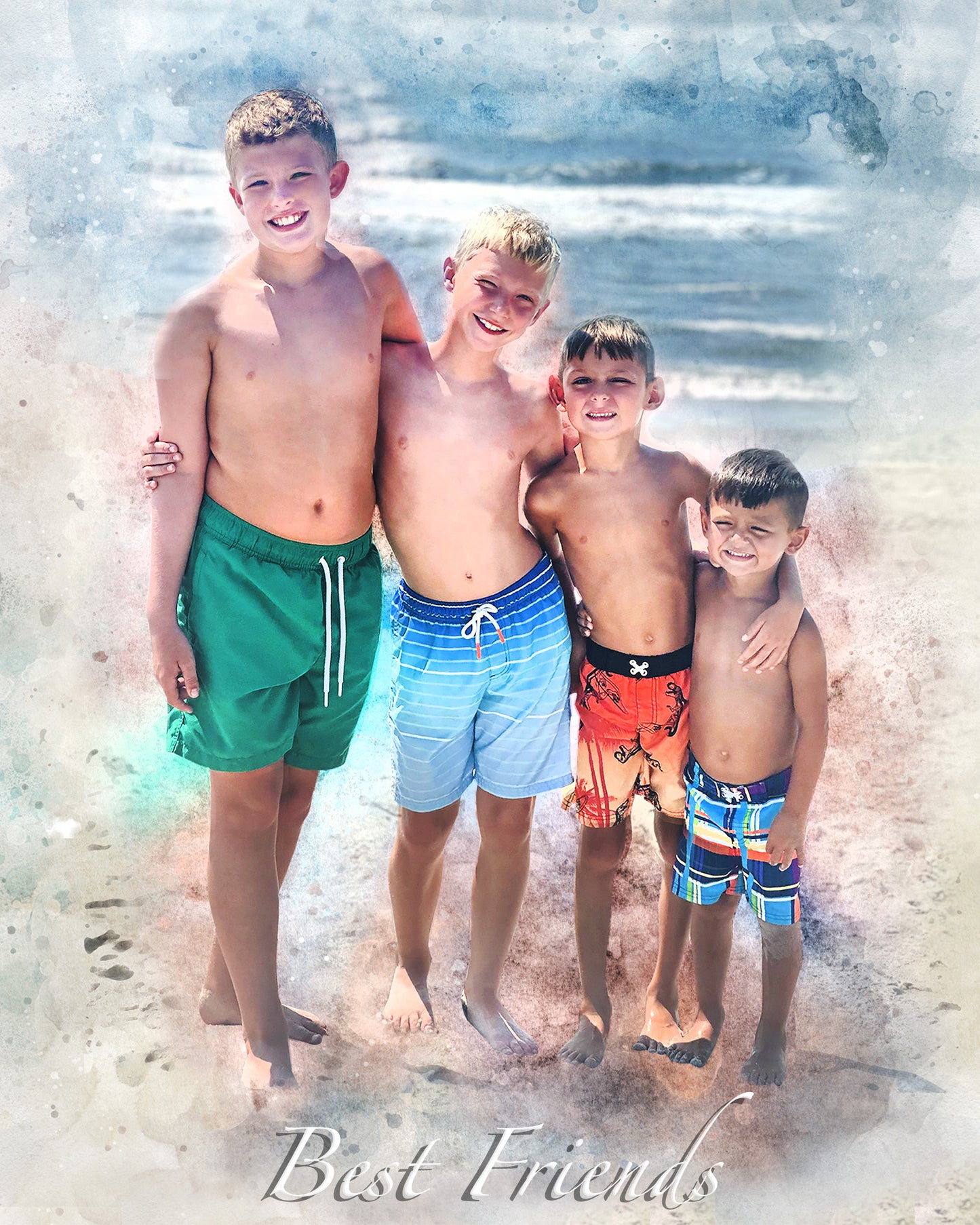 Best_Friends_Portrait_Custom_beach_Painting_of_four_young_boys_enjoying_a_sunny_day_at_the_ocean, by FromPicToArt