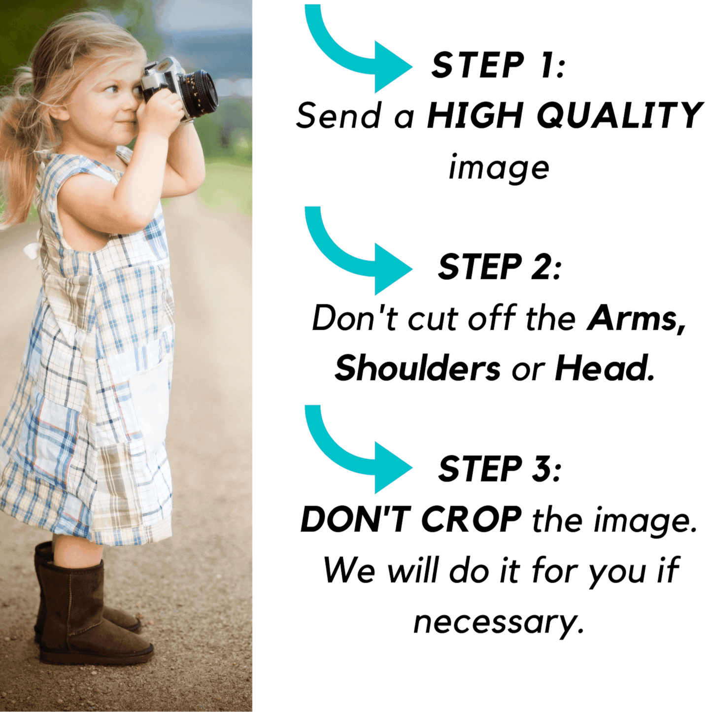 An instructional image illustrating the three simple steps to order your custom Camping Gift. It shows a young girl with a camera, beside text explaining how to send a high-quality, uncropped image without cutting off subjects for your personalized artwork from FromPicToArt