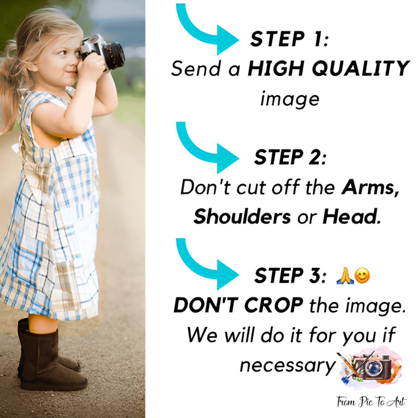 Child in a plaid dress holding a camera with instructions on image quality and cropping.