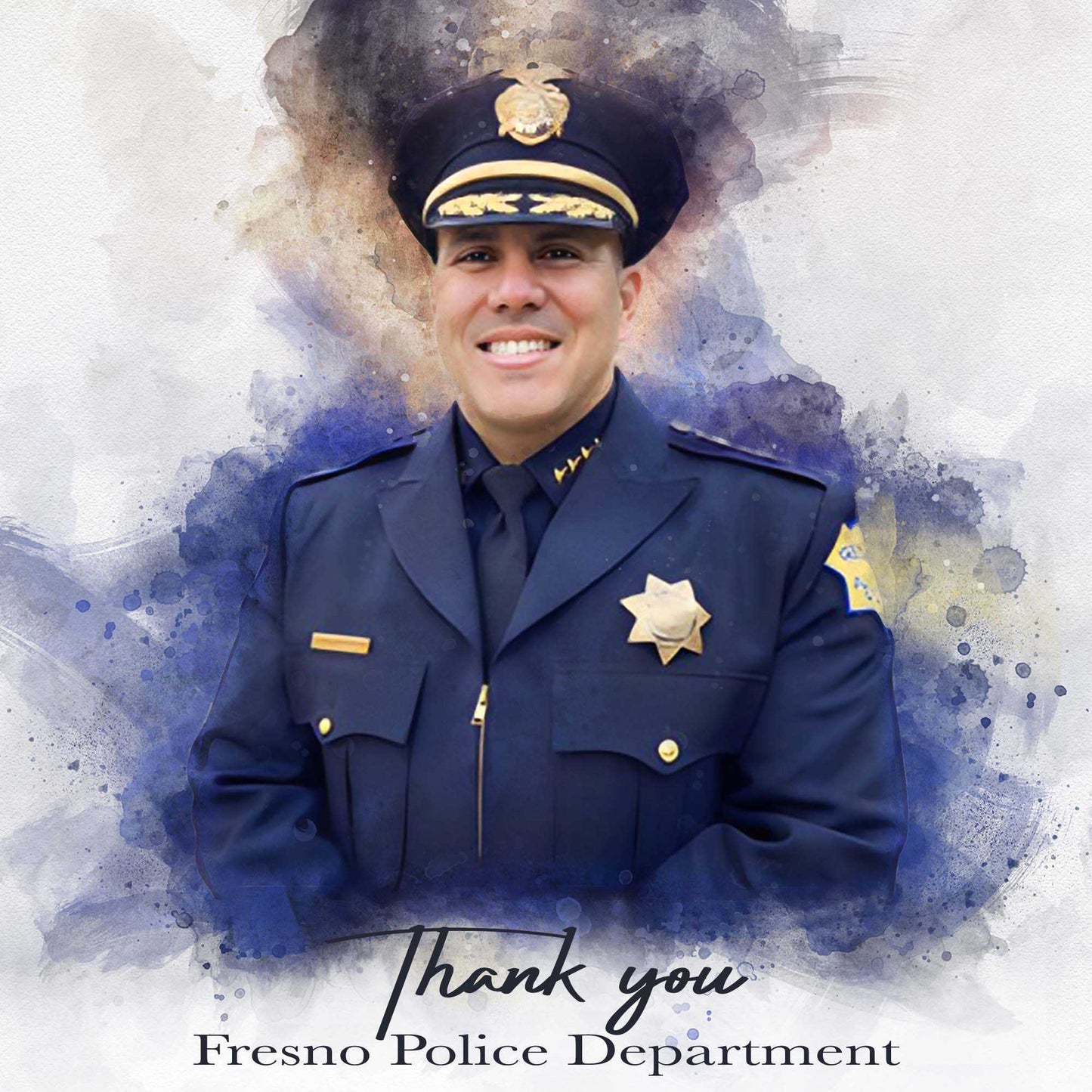 FromPicToArt custom portrait: Smiling male police officer in uniform and hat, watercolor background. Great Christmas Gifts for Police Officers.