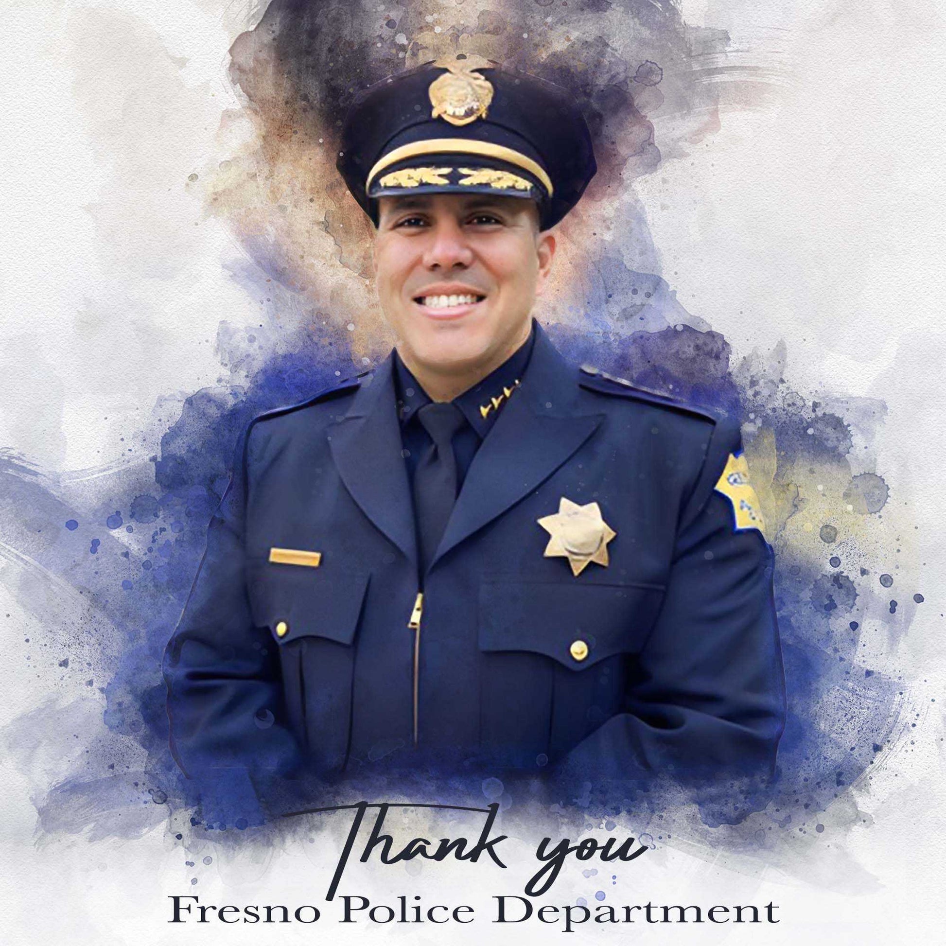 FromPicToArt custom portrait: Smiling male police officer in uniform and hat, watercolor background. Great Christmas Gifts for Police Officers.