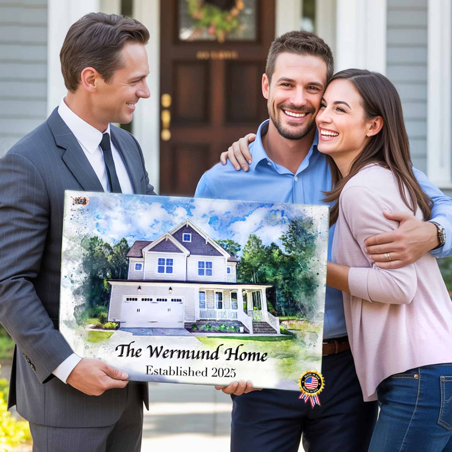 Couple receives a custom watercolor house portrait as a thoughtful closing gift from their realtor