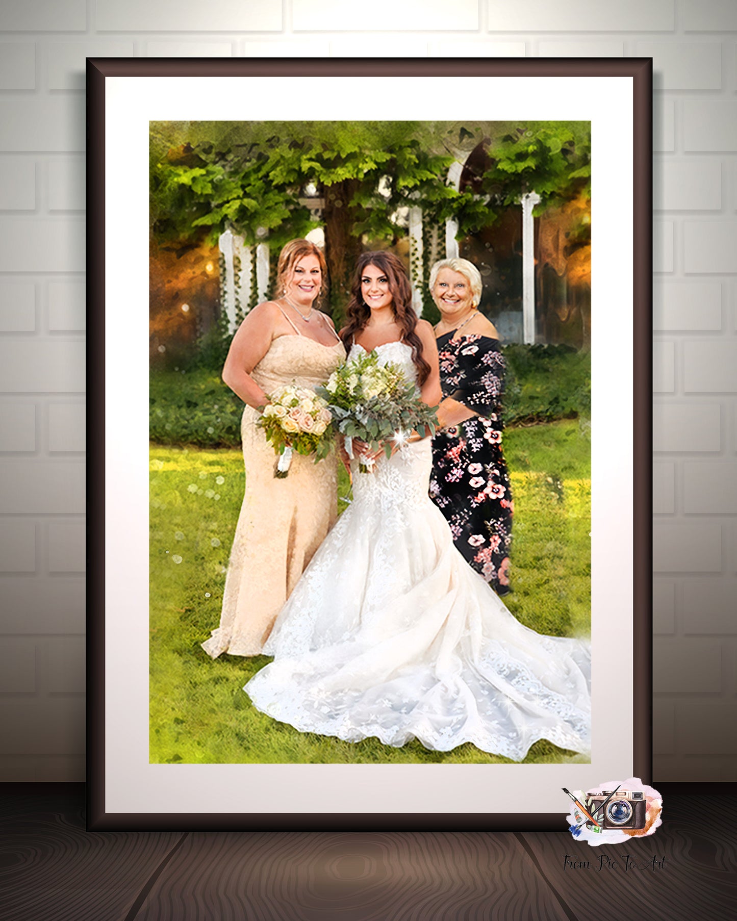 Custom wedding group portrait by FromPicToArt, a vibrant watercolor painting featuring a smiling bride in a white lace gown holding a bouquet, flanked by her mother and grandmother in elegant formal dresses. The setting is an elegant outdoor garden with lush green foliage. Ideal for personalized mother of the bride gifts, grandmother of the bride portraits, multi-generational family art, and unique wedding day memories