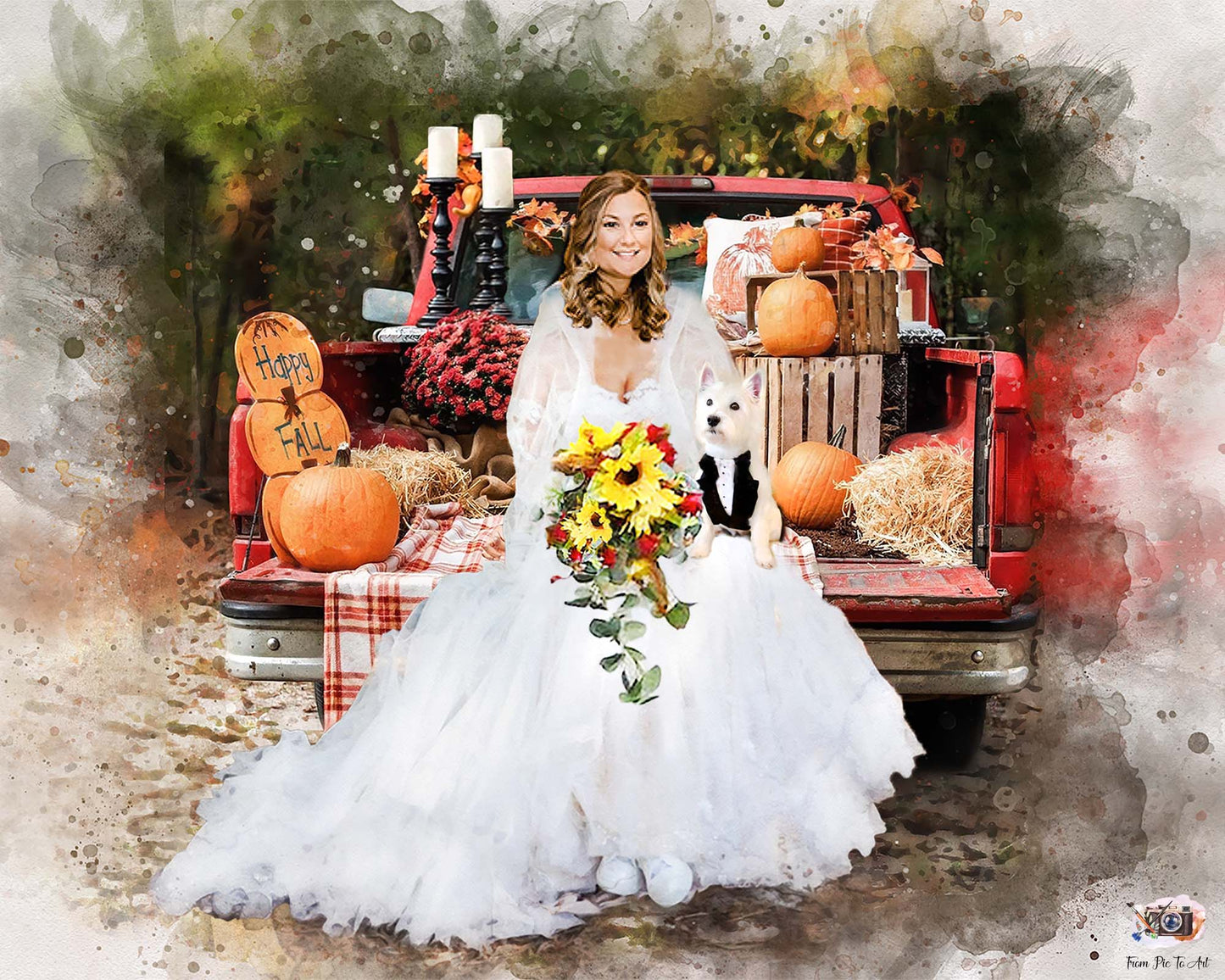 Custom rustic wedding portrait by FromPicToArt featuring a bride in a white dress, her dog in a tuxedo, and vintage pickup truck decorated with pumpkins and hay for a beautiful fall wedding.jpg