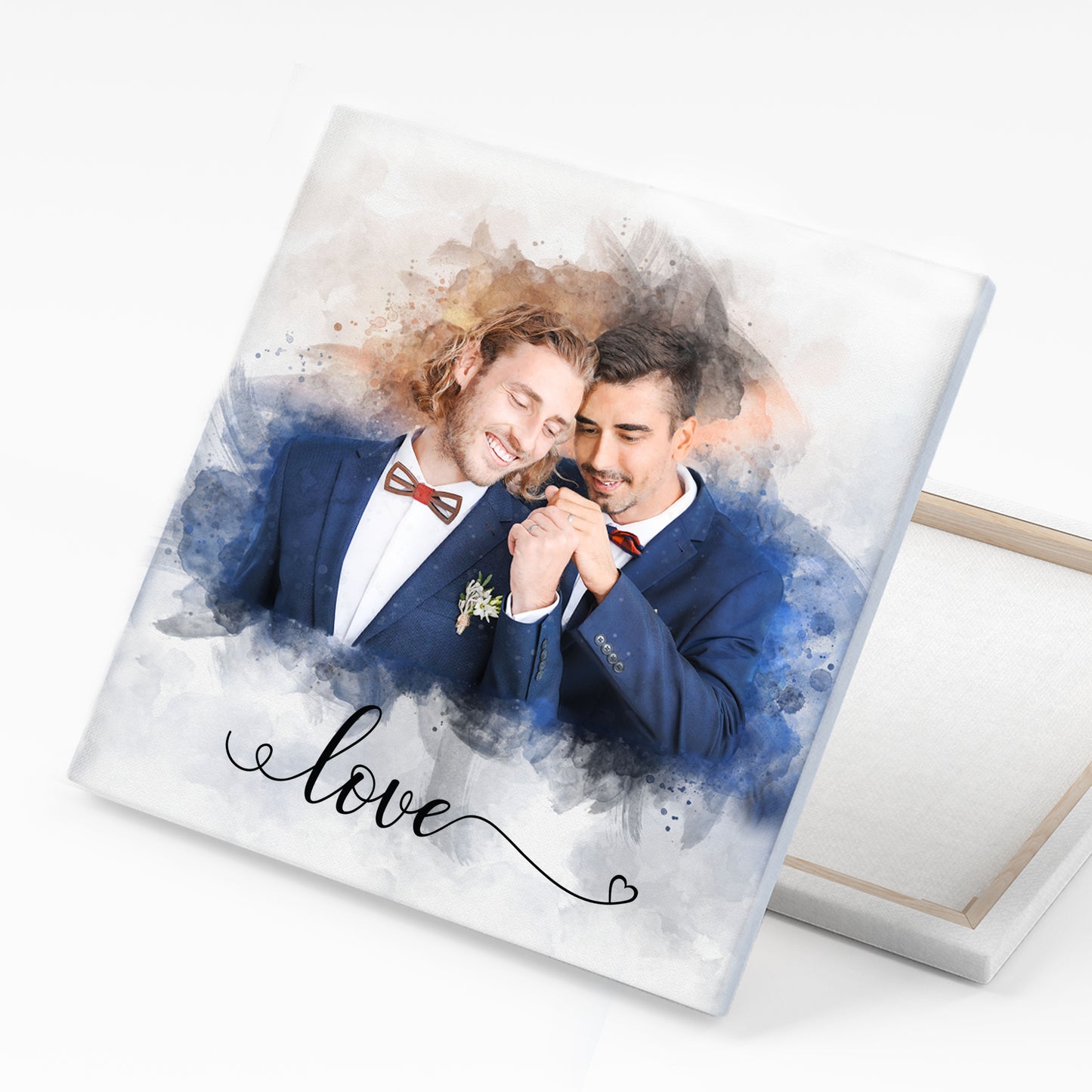Custom gay couple wedding portrait with rainbow theme, heads touching in romantic pose โ personalized LGBTQ+ artwork gift by FromPicToArt