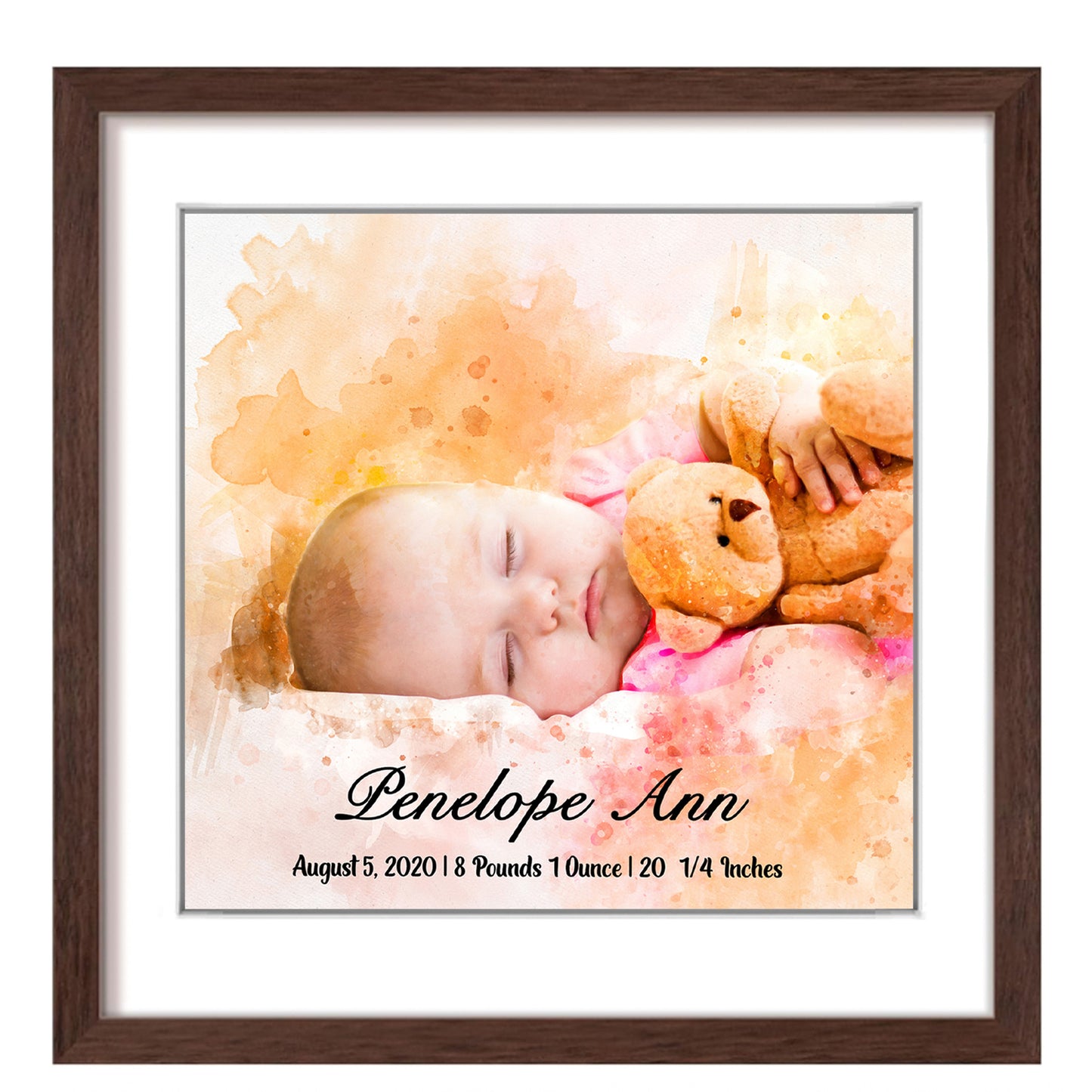 Cute_portrait_of_a_newborn_sleeping_baby_holding_a_teddy_bear_with_the_quote_of_name_DOB_weight_inches_FromPicToArt