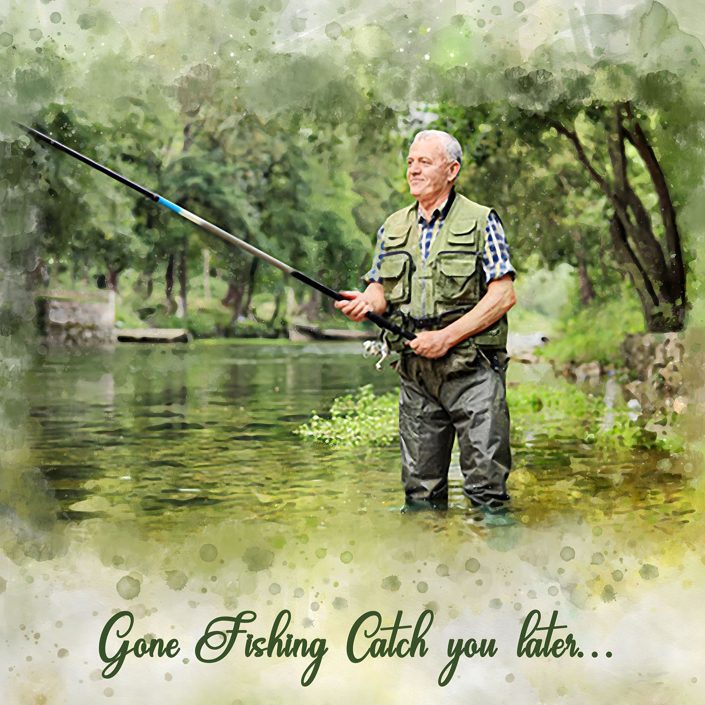Custom painting of an older man fly fishing in a river by FromPicToArt.