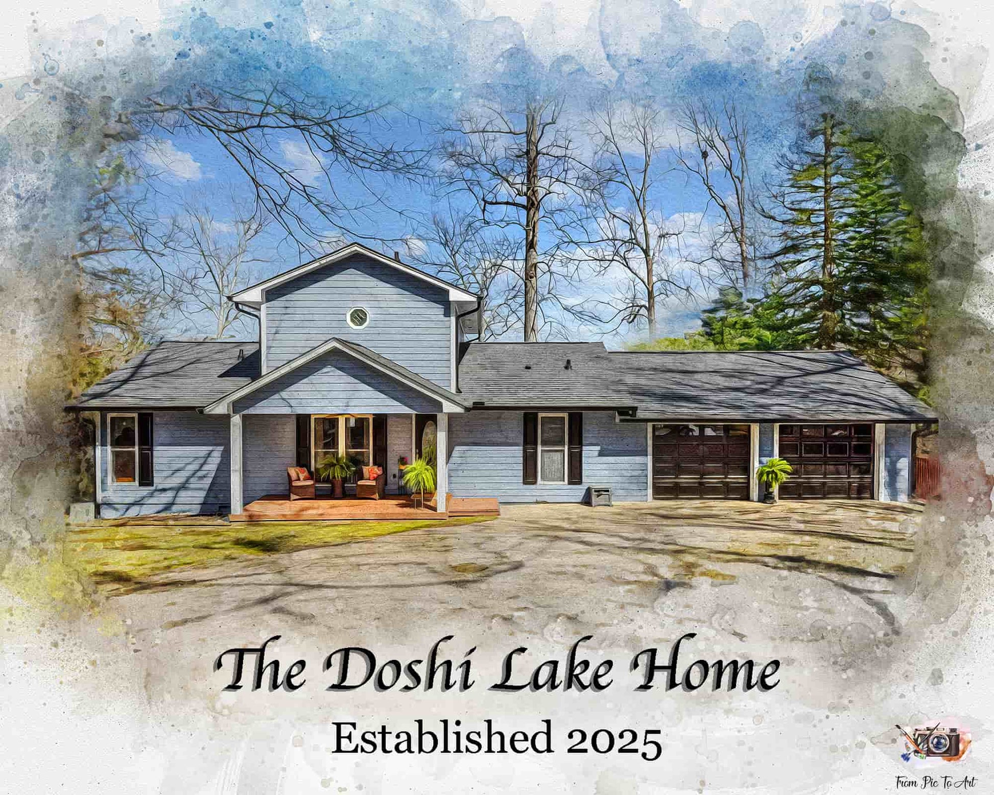 House Portrait with 'The Doshi Lake Home' text on a watercolor background