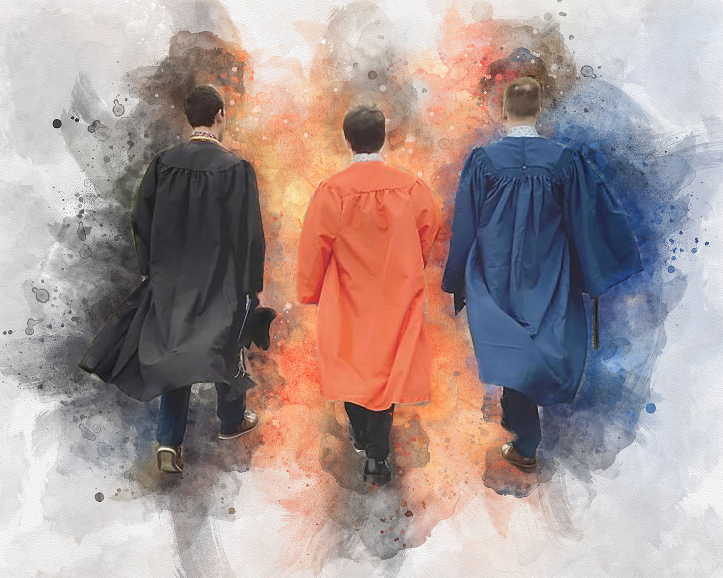 Three individuals in colorful robes walking on a textured surface with abstract patterns.