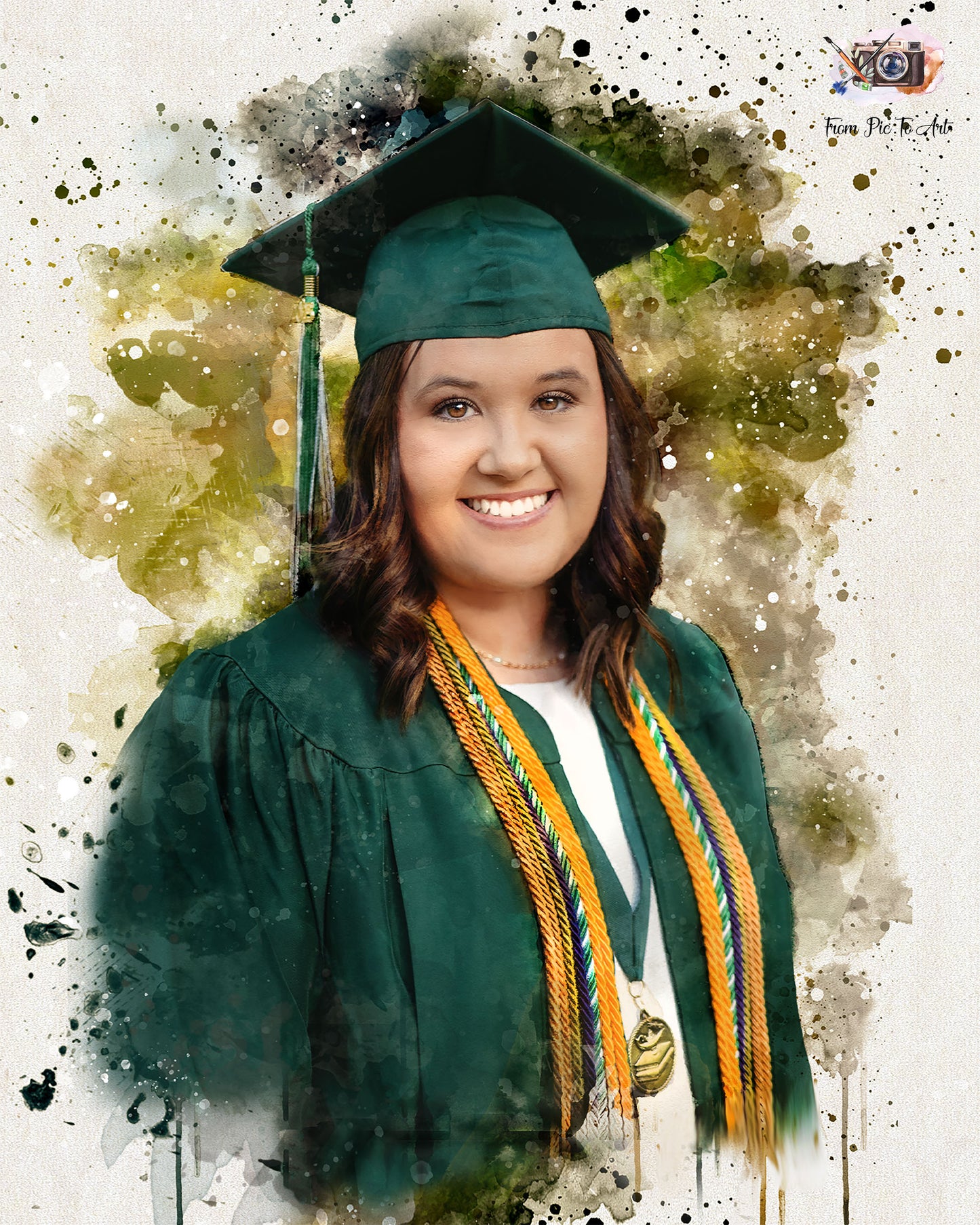 Graduate in green cap and gown with decorative cords against a watercolor background