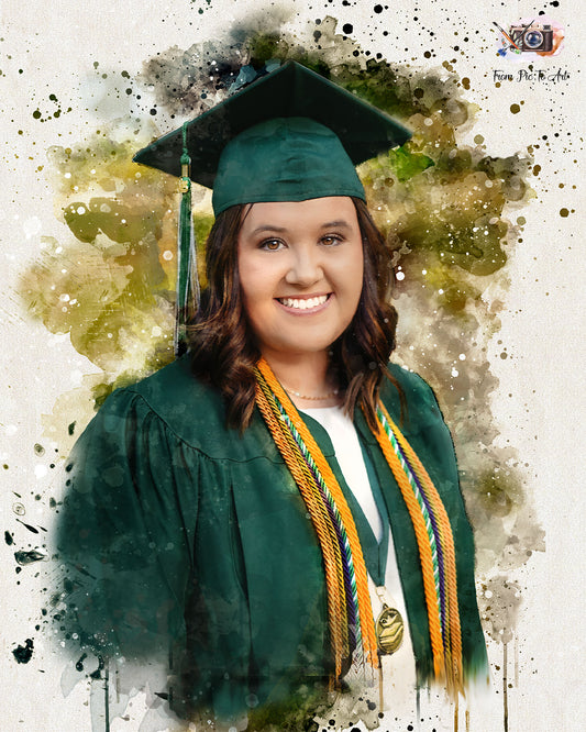 Graduate in green cap and gown with decorative cords against a watercolor background