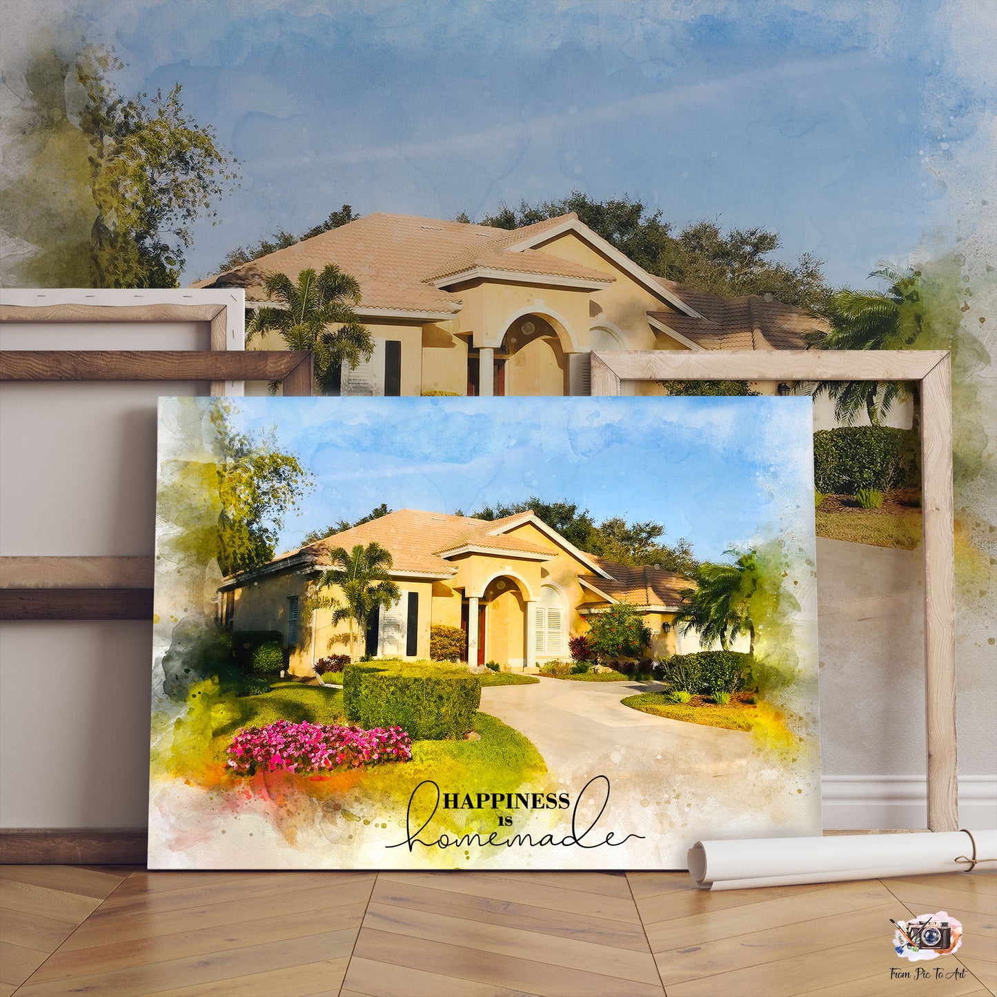 House Portrait in Watercolor style on canvas shows a florida style house
