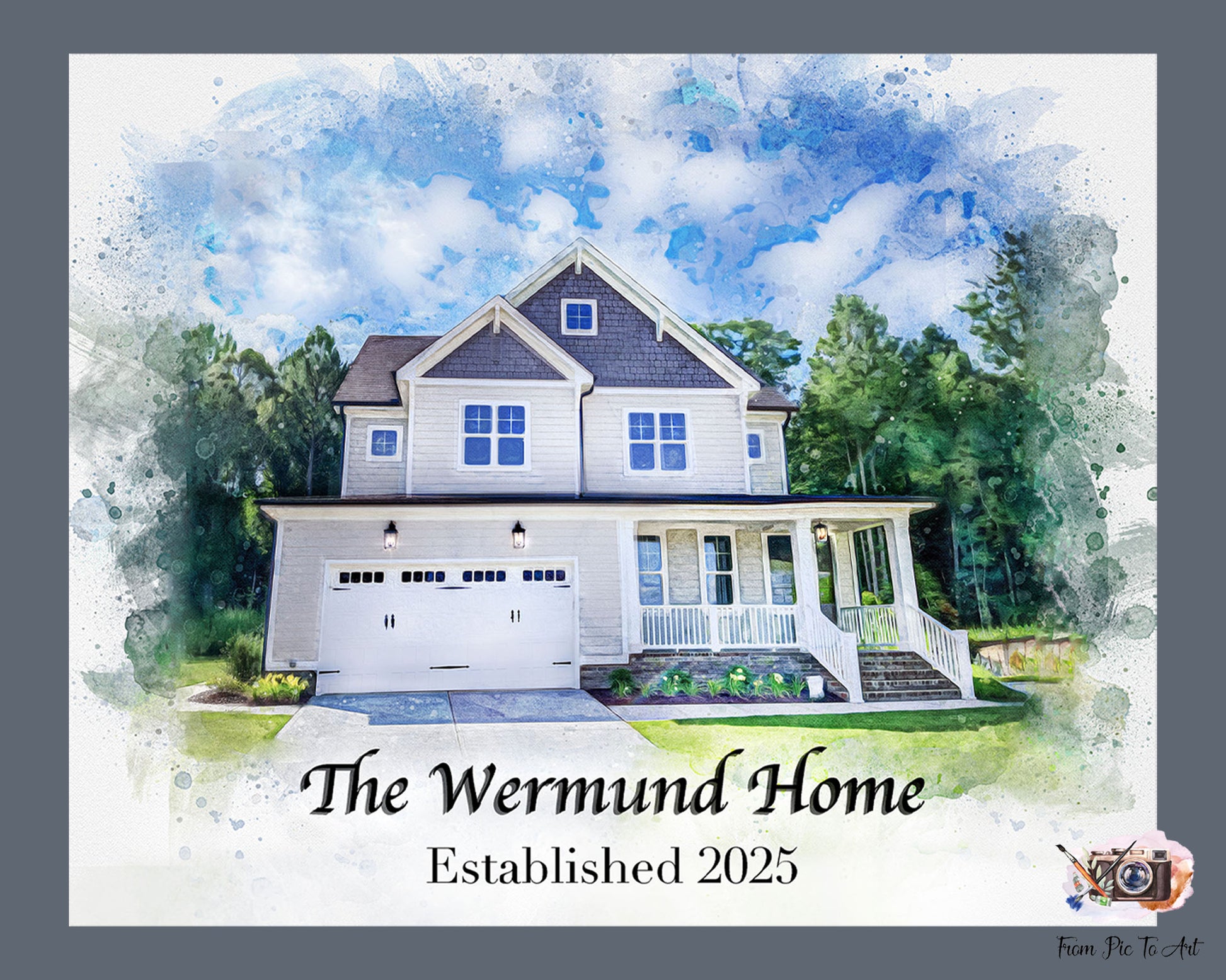 A watercolor-style image of a two-story modern house with a porch and two-car garage, with text "The Wermund Home Established 2025" below it. Ideal for personalized Gifts for Realtors and clients, or for new homeowner celebrations."