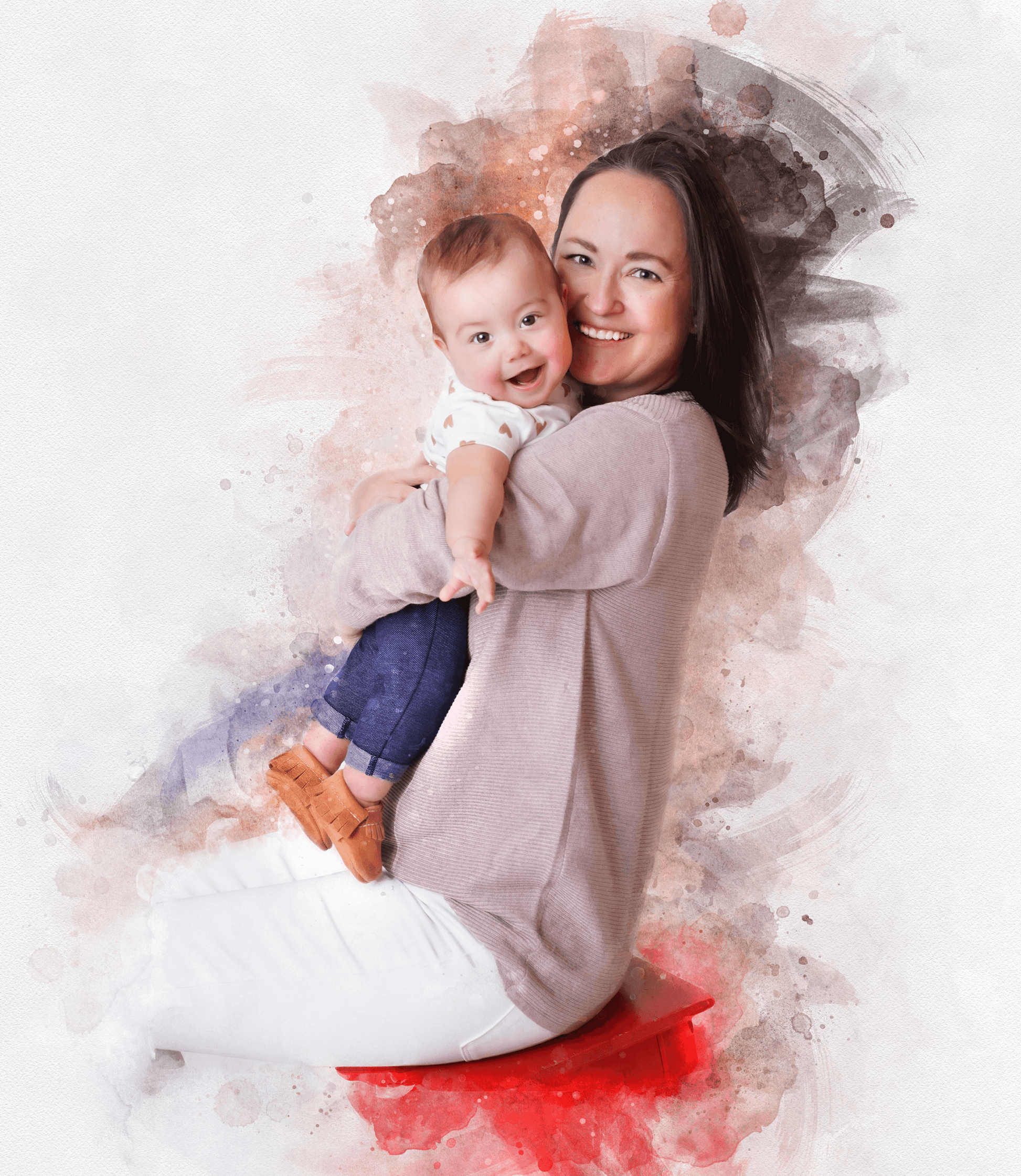 Mother holding son in her lap, cute painting from photo with mother and son - FromPicToArt