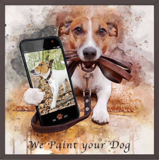 A dog portrait shows a dog with a cellphone with a dog on the display