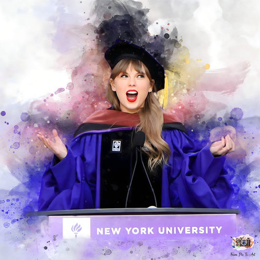 Person in graduation gown with New York University logo against a colorful abstract background