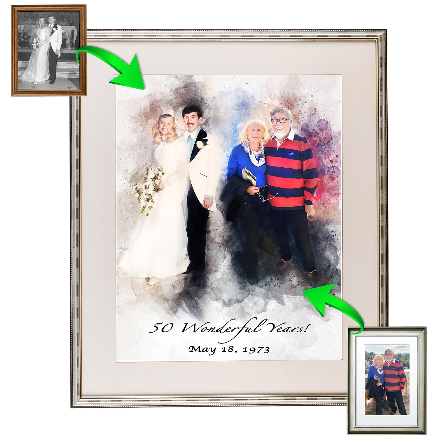 Portrait from wedding photo and pictures taken decades later combined into one painting for a unique anniversary gift by FromPicToArt