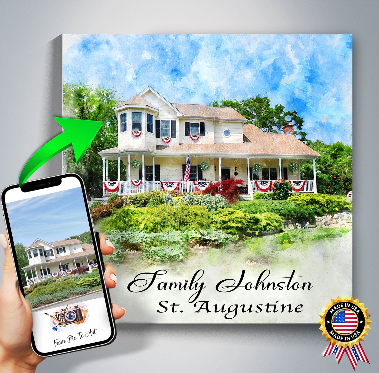 A custom house portrait, ideal for Realtor Closing Gifts, showing a large white house with red, white, and blue bunting. A hand holds a phone with the original photo, linked by a green arrow. Text reads "Family Johnston St. Augustine."