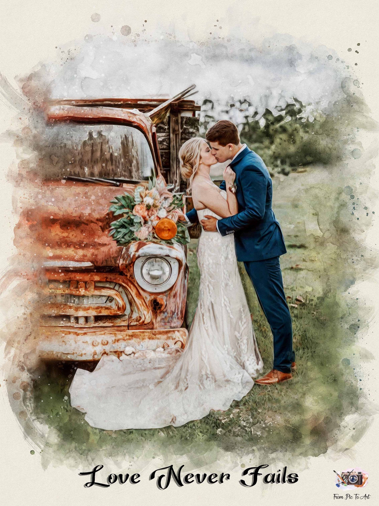 Watercolor wedding portrait by FromPicToArt of a bride and groom kissing beside a vintage rustic truck decorated with flowers and quote- Love Never Fails