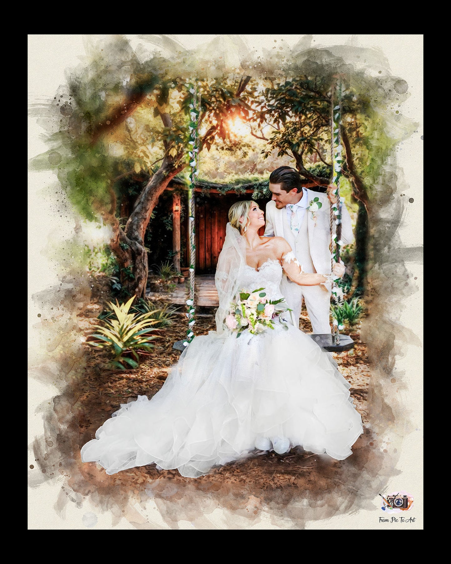 Romantic wedding portrait by FromPicToArt showcasing a bride in a white gown on a rustic swing, looking lovingly at her groom in a light suit, in a sun-dappled outdoor setting.