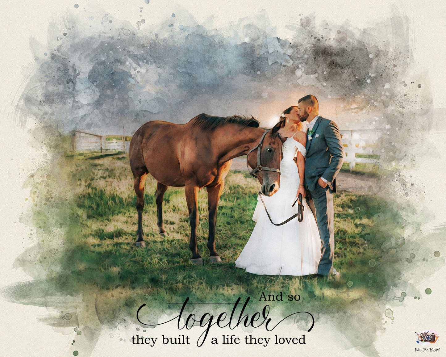 Custom horse wedding portrait on canvas – bride and groom with horse in watercolor style, romantic rustic wedding or Anniversary gift idea, by FromPicToArt