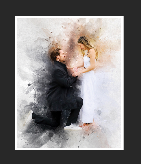 Romantic engagement scene with man on one knee proposing, while woman holds his hand and says 'yes, I do.' Custom engagement painting by FromPicToArt