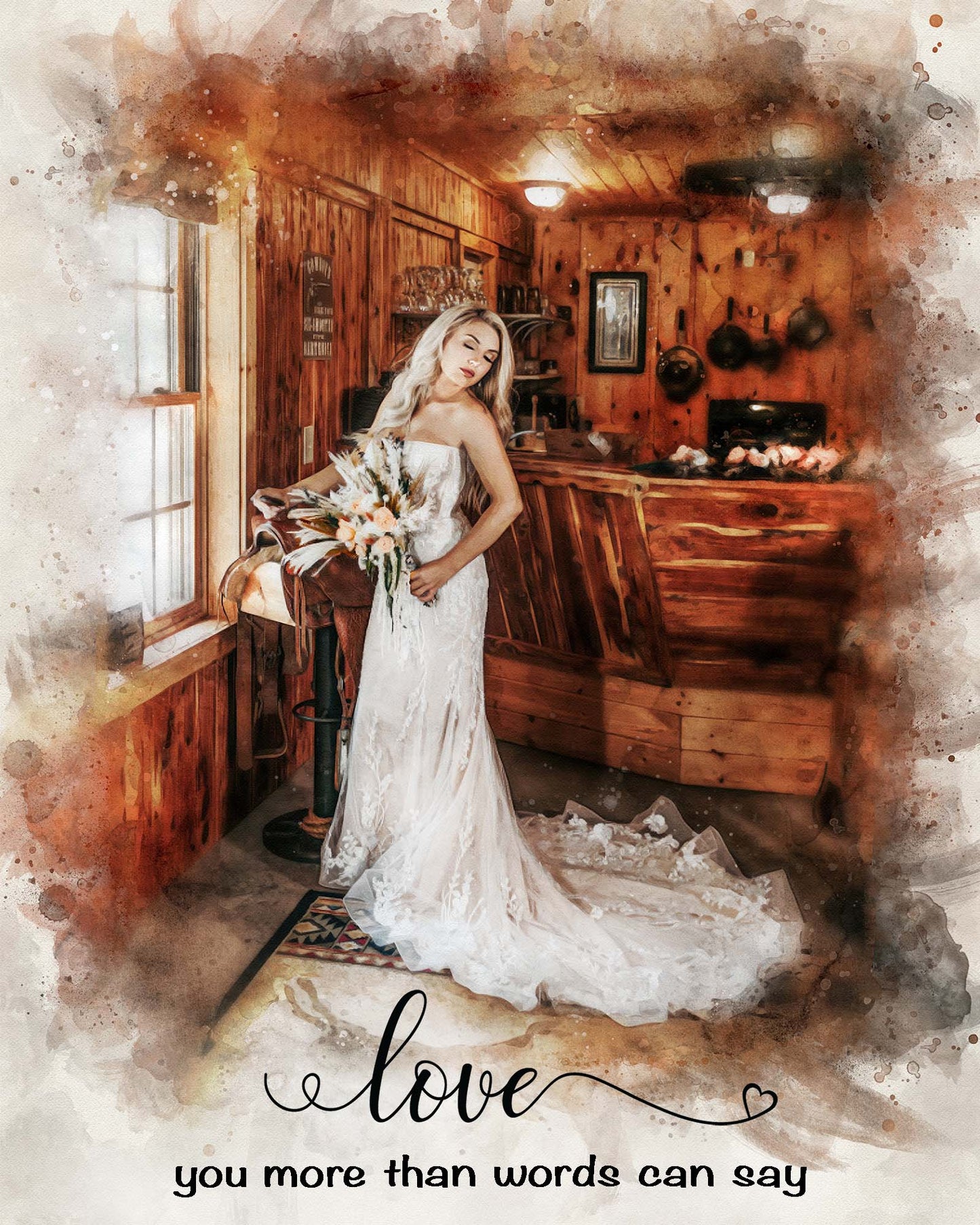 Rustic wedding portrait by FromPicToArt. The bride is in a white gown holding a bouquet, set in a warm, wood-paneled room featuring vintage saddle-style decor and iron pans as wall decor