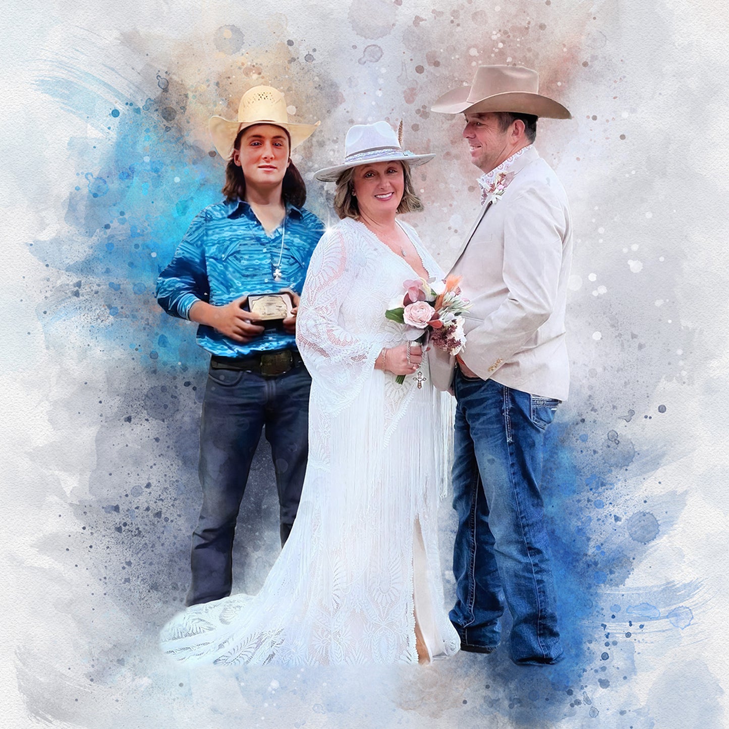 Custom rustic wedding portrait by FromPicToArt, a vibrant watercolor painting featuring a bride in a white lace gown and hat, a groom in a cowboy hat and light suit, and a young man in a blue Western shirt and cowboy hat, against a soft, painterly background. Ideal for rustic wedding art, cowboy themed gifts, blended family portraits, and unique personalized wedding artwork.