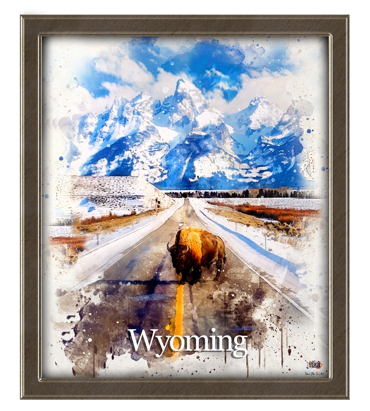 Watercolor_Portrait_of_Wyoming_featuring_a_majestic_bison_crossing_a_snowy_road_with_the_iconic_Teton_mountains_in_the_background_FromPicToArt