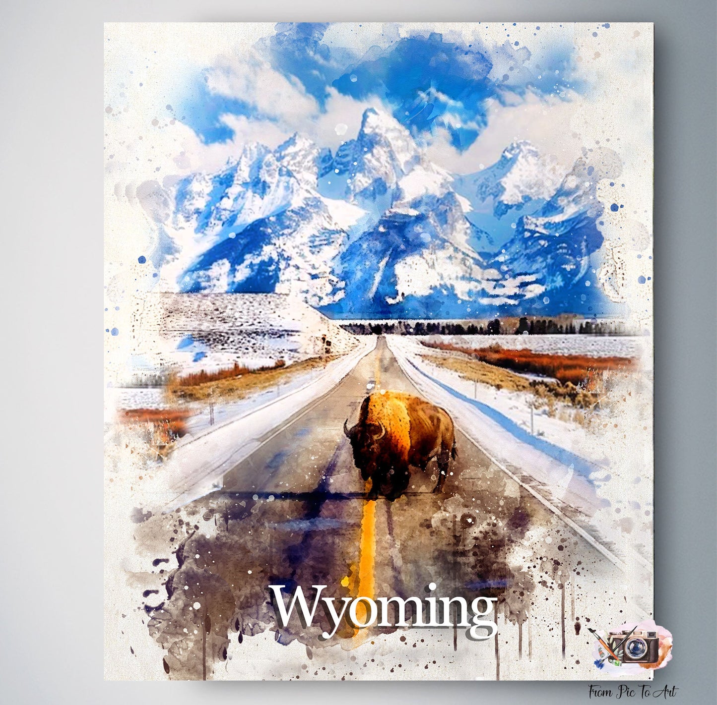 Watercolor painting of a bison on a road in Wyoming with mountains in the background, showcasing Wyoming's natural beauty.