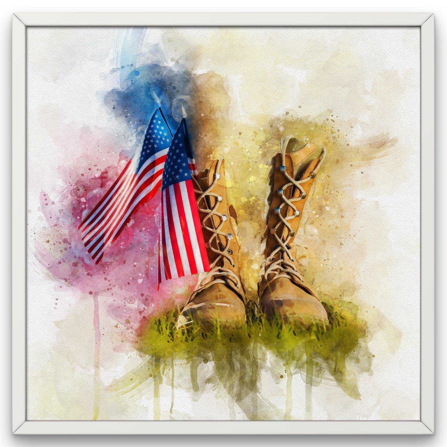 American Flag Wall Art: Watercolor painting of two American flags next to a pair of military boots standing in green grass, with a colorful splash background, framed in white.