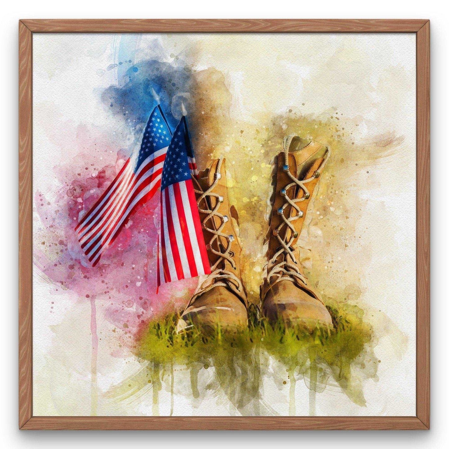 American Flag Wall Art: Watercolor painting of two American flags next to a pair of military boots standing in green grass, with a white and colorful splash background.