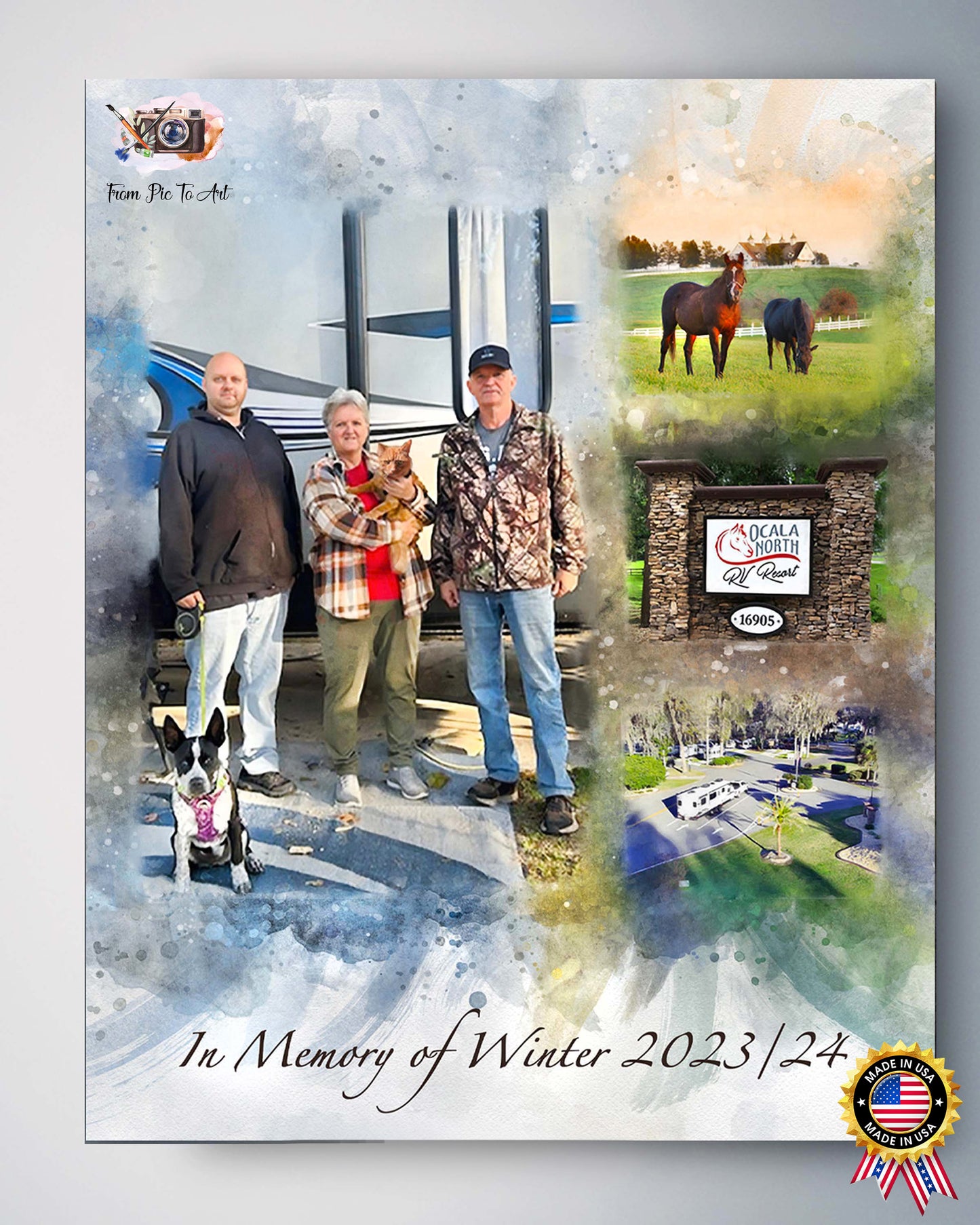 Camping Gifts custom collage by FromPicToArt featuring three campers with a cat and dog in front of their RV trailer at Ocala North RV Resort, horses grazing in a field, the resort entrance sign, and an aerial view of the campground, commemorating "In Memory of Winter 2023/24"
