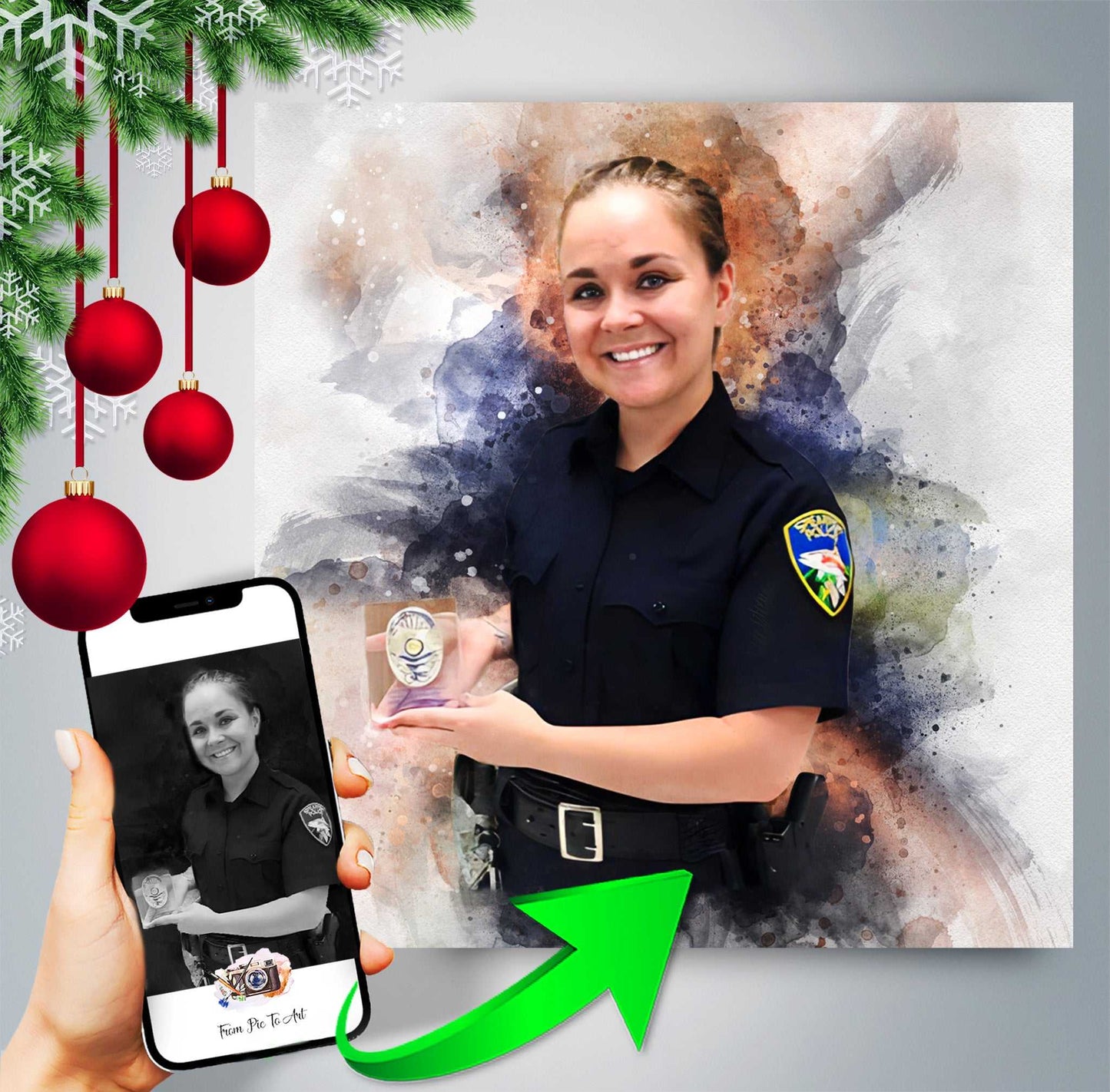 FromPicToArt transforming black and white photo to color custom portrait of a female police officer. Ideal Christmas Gifts for Police Officers.