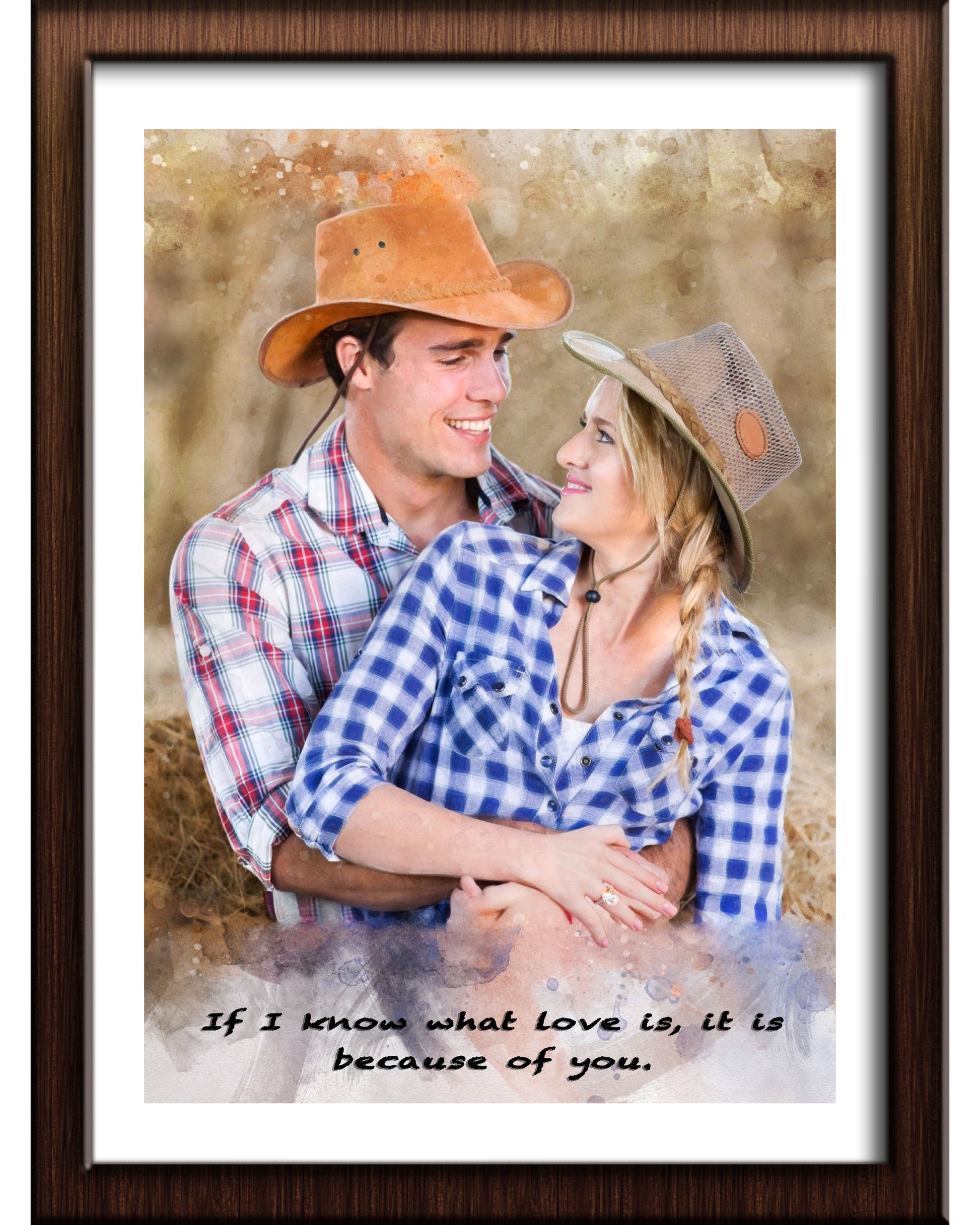 Custom watercolor portrait by FromPicToArt, depicting a smiling couple in cowboy hats embracing, looking lovingly at each other, with the text 'If I know what love is, it is because of you.' A charming 7-year anniversary gift.