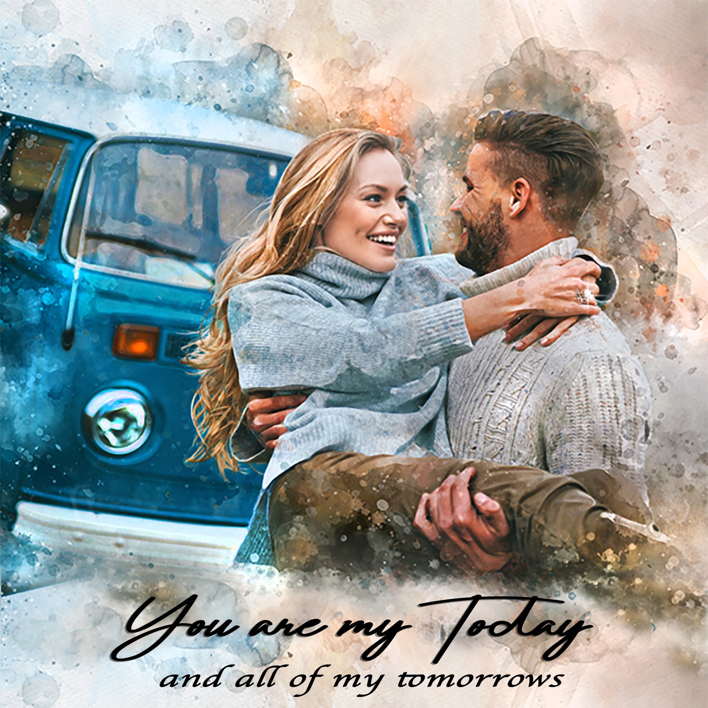 Custom watercolor portrait by FromPicToArt, depicting a man carrying a woman, both smiling and looking at each other, with a vintage blue van in the background. A romantic 7-year anniversary gift.