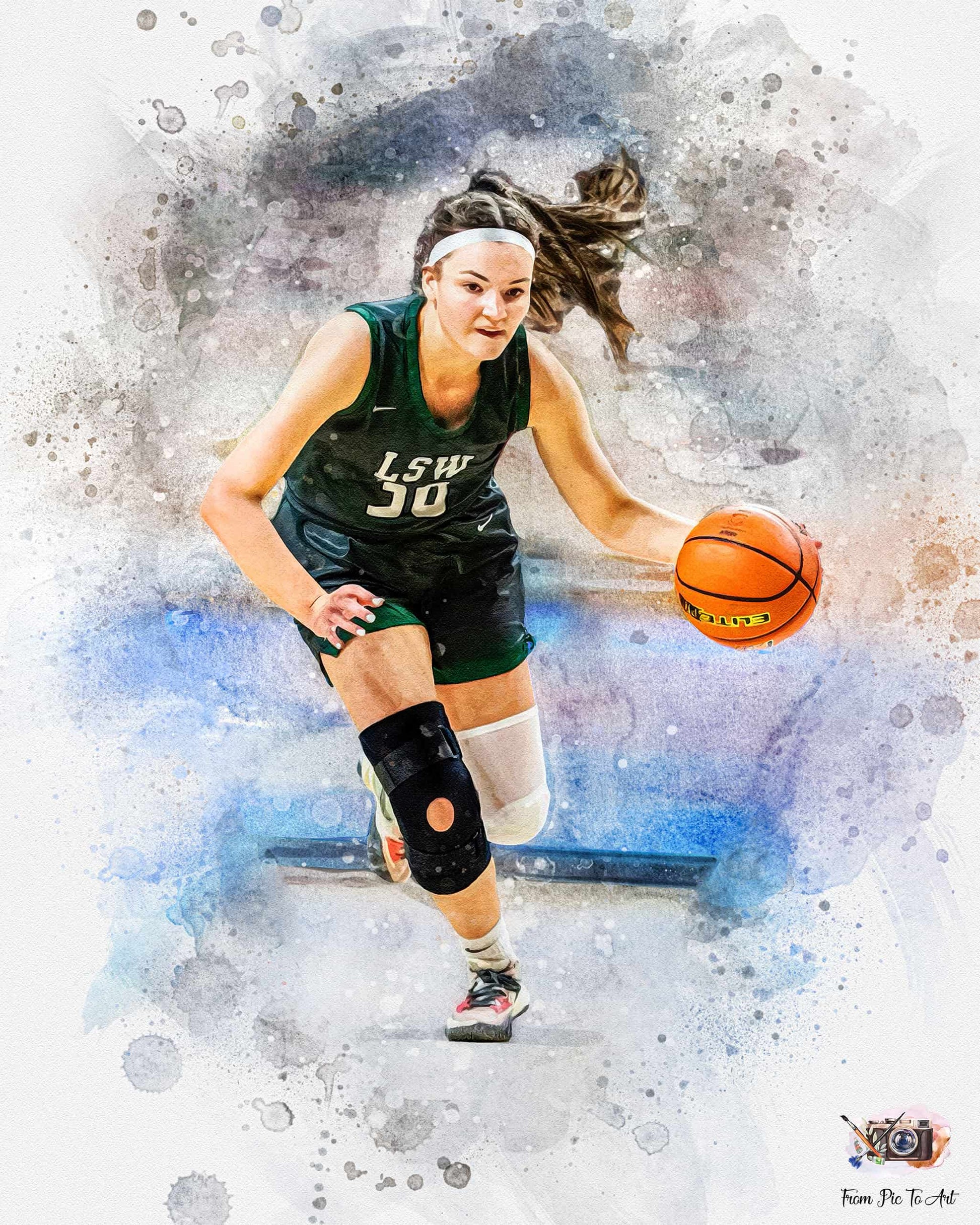 A vibrant watercolor-style portrait of a female basketball player wearing a dark green "LSW 30" jersey and a knee brace, actively dribbling an orange basketball. Her hair flies behind her, adding to the dynamic feel of this piece.  The background features subtle splashes of blue and brown paint, enhancing the artistic effect.