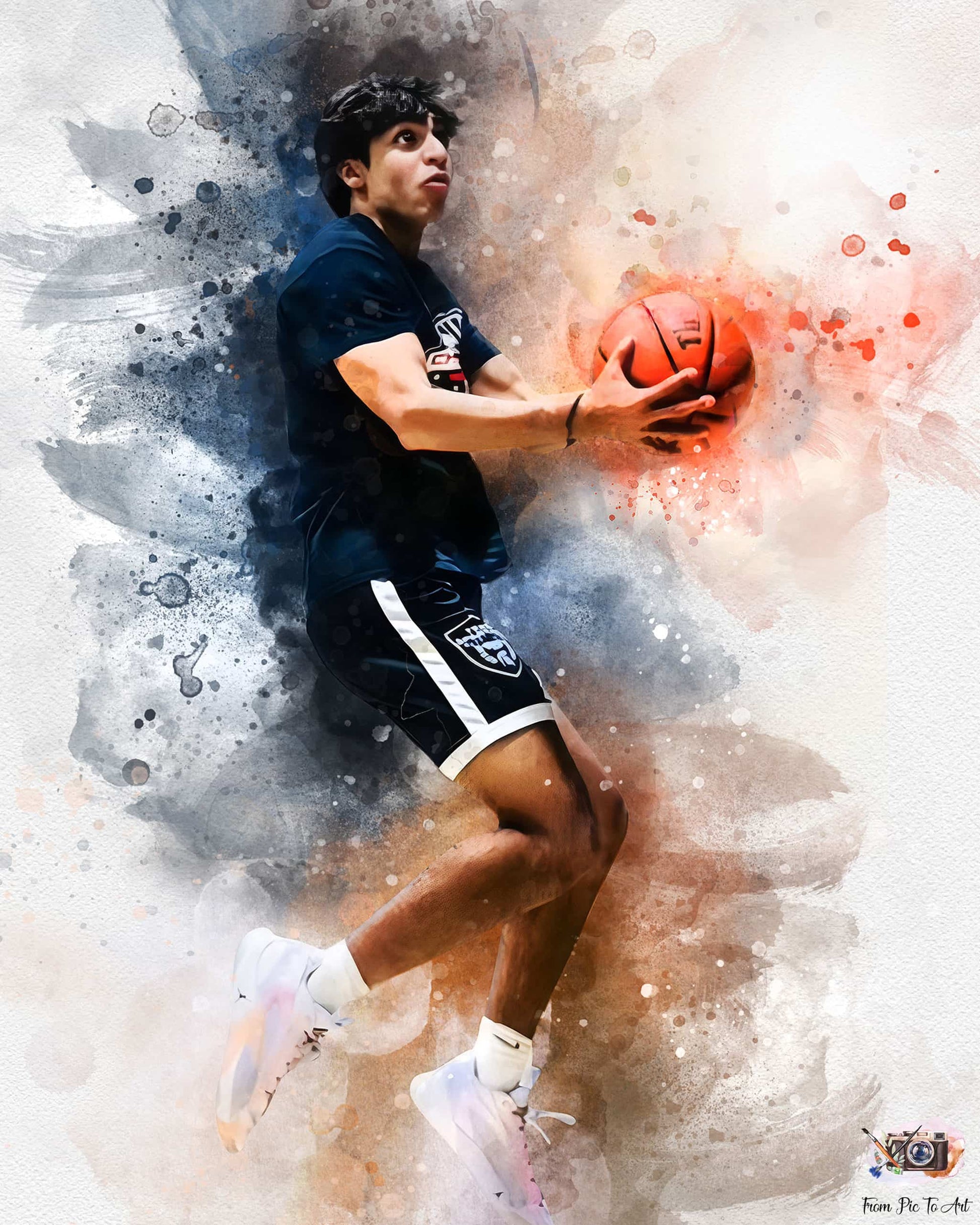 A striking watercolor-style portrait of a male basketball player in a dark uniform holding an orange basketball. The background features dynamic splashes of blue, black, and orange, highlighting the energy of the sport.