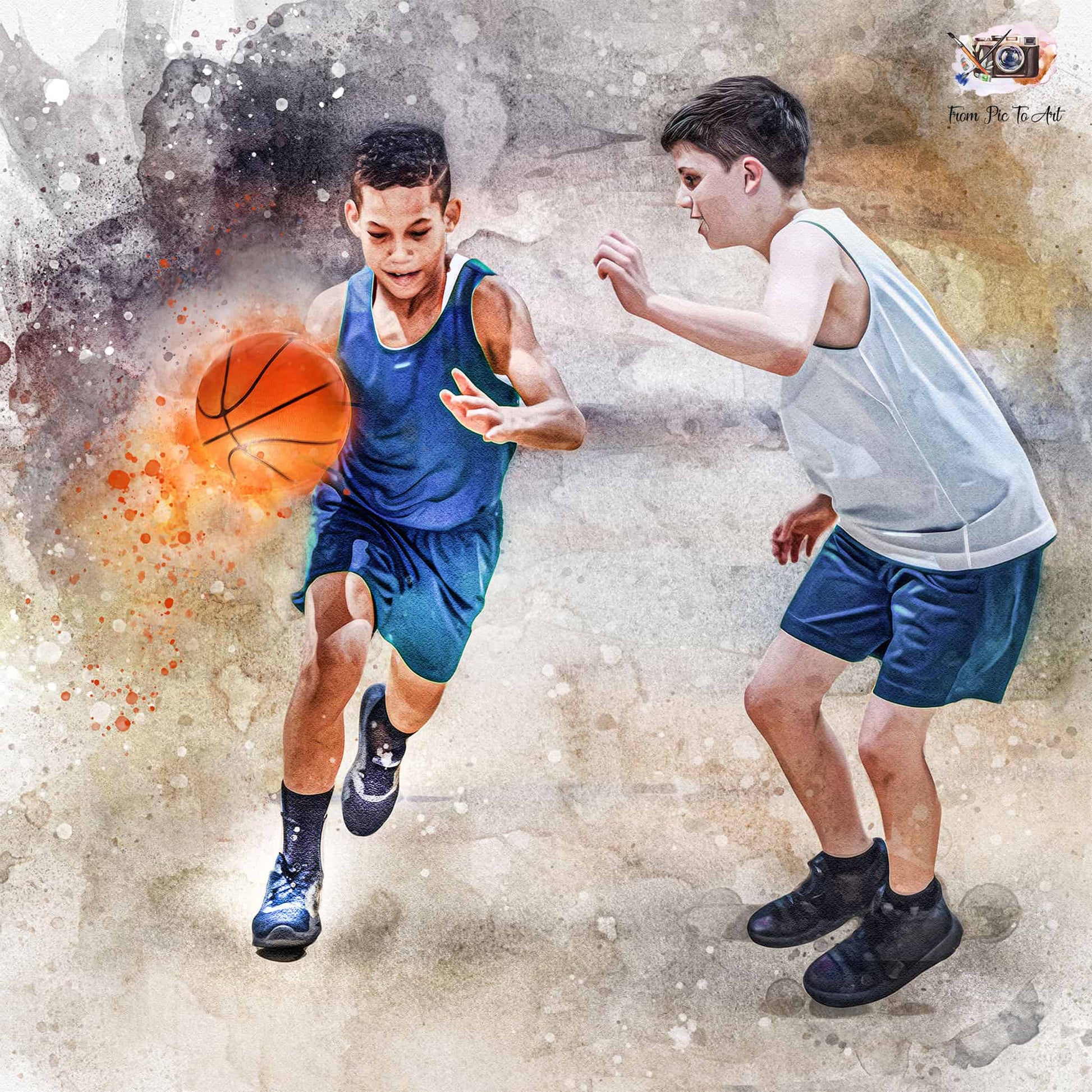 A vivid watercolor-style portrait depicts two young boys playing basketball. One boy in a blue uniform actively dribbles an orange basketball, while another boy in a white tank top and blue shorts defends.