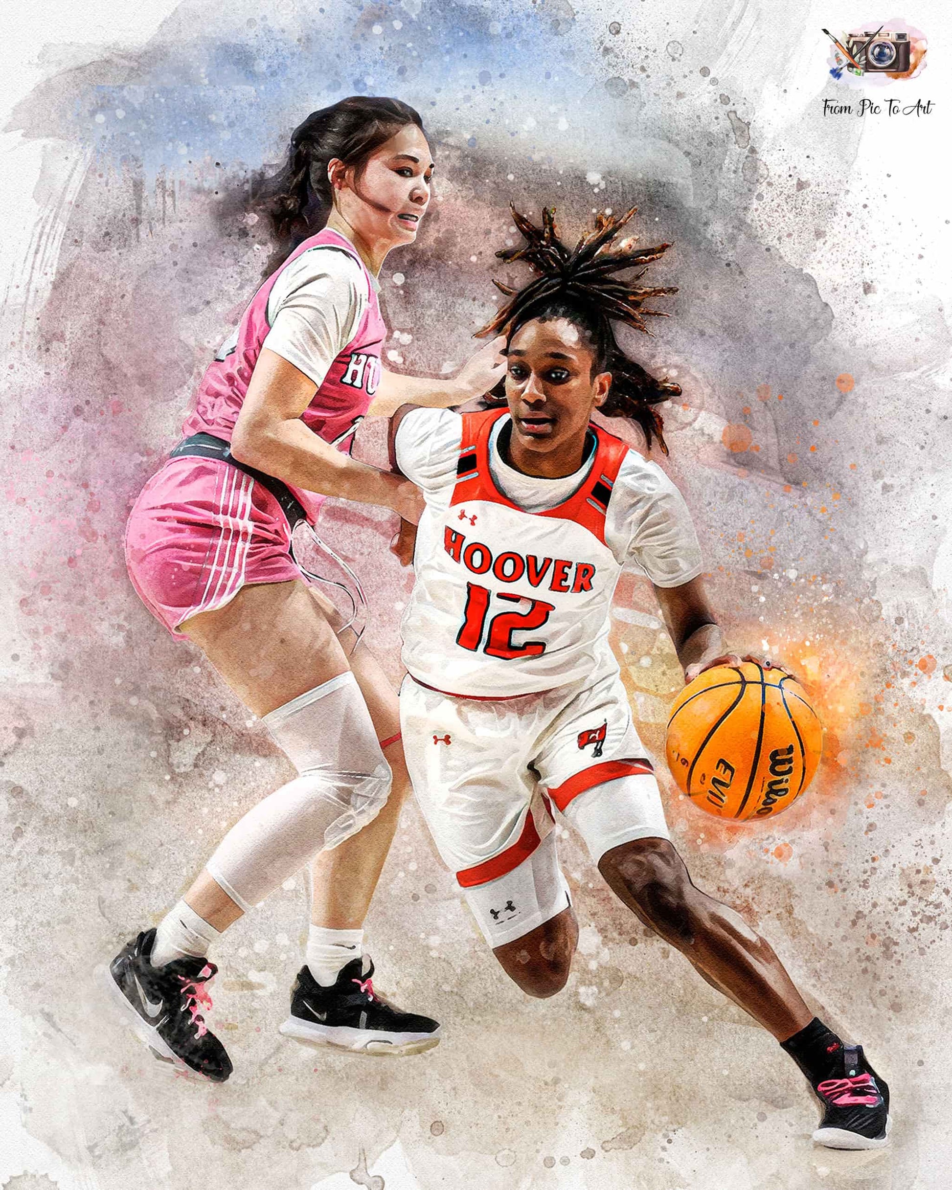 A vivid watercolor-style portrait capturing two female basketball players in action. One player in a white "HOOVER 12" jersey with dreadlocks dribbles an orange basketball, while another player in a pink and white jersey defends. The dynamic pose and artistic style make this an excellent example of Custom Basketball Gifts.