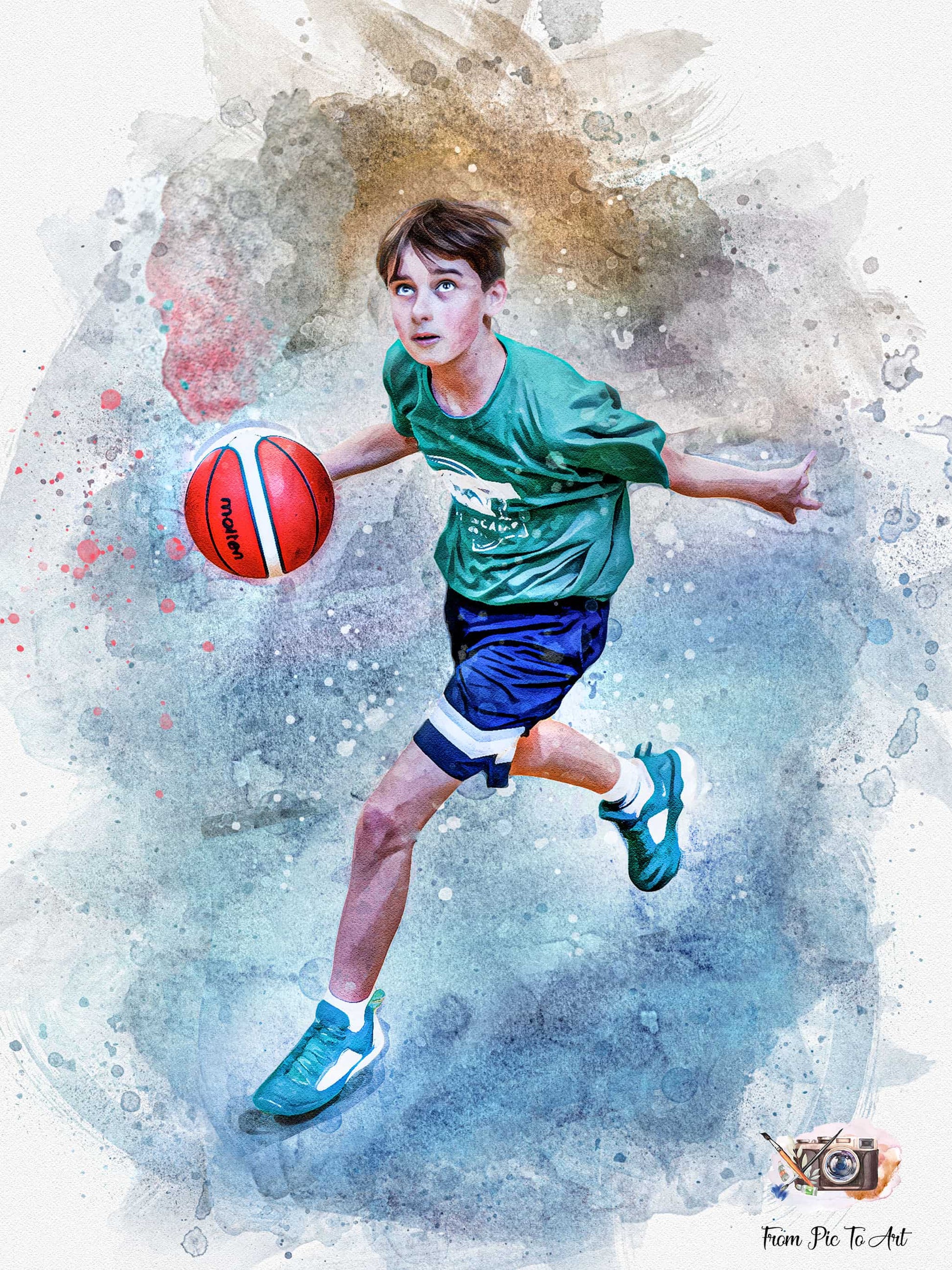 A watercolor-style portrait depicts a young boy in a green shirt and blue shorts, dynamically dribbling a red and white basketball. His eyes are wide with focus, and the background is a mix of painterly grey and blue splashes.