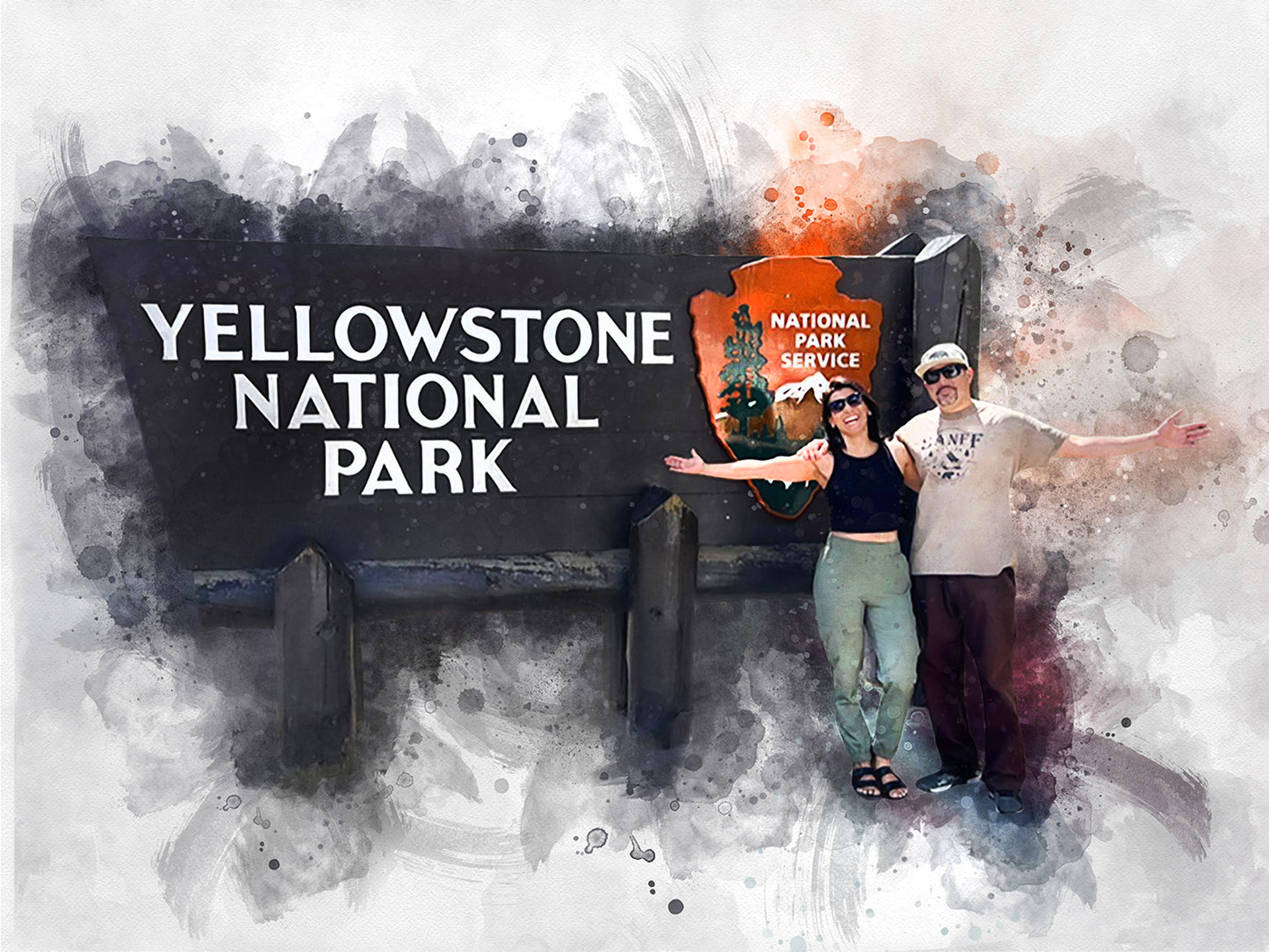A watercolor-style portrait, a perfect camping gift, features a smiling couple standing in front of the iconic "Yellowstone National Park" sign