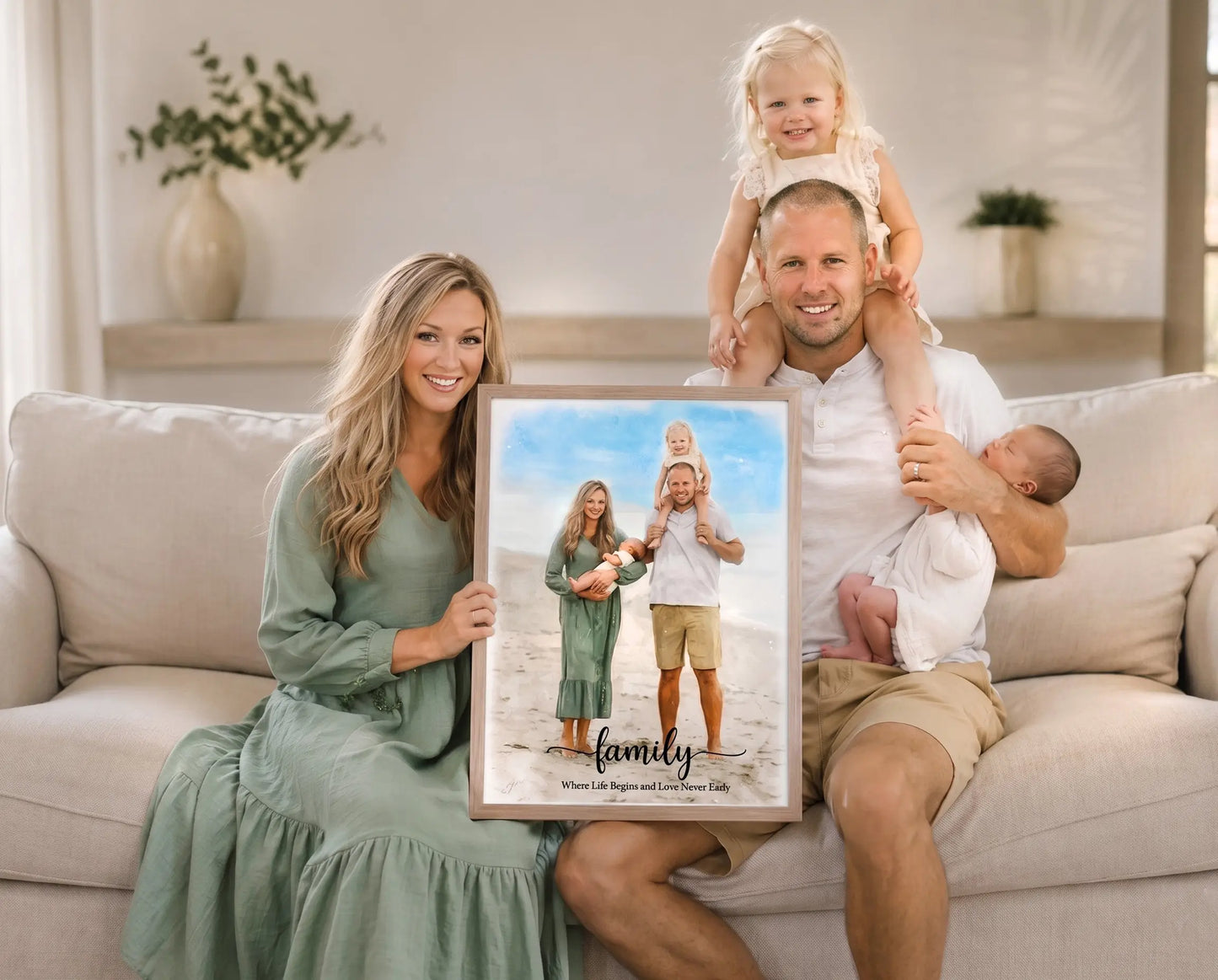 Happy family holding a customized family portrait canvas in a bright modern living room.