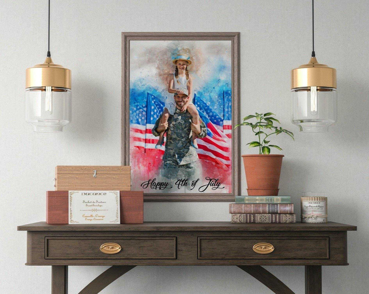 Custom Gifts for Soldier, Custom Painting from Photo, US Flag Art, Patriotic US Flag Painting with Stars and Stripes - FromPicToArt