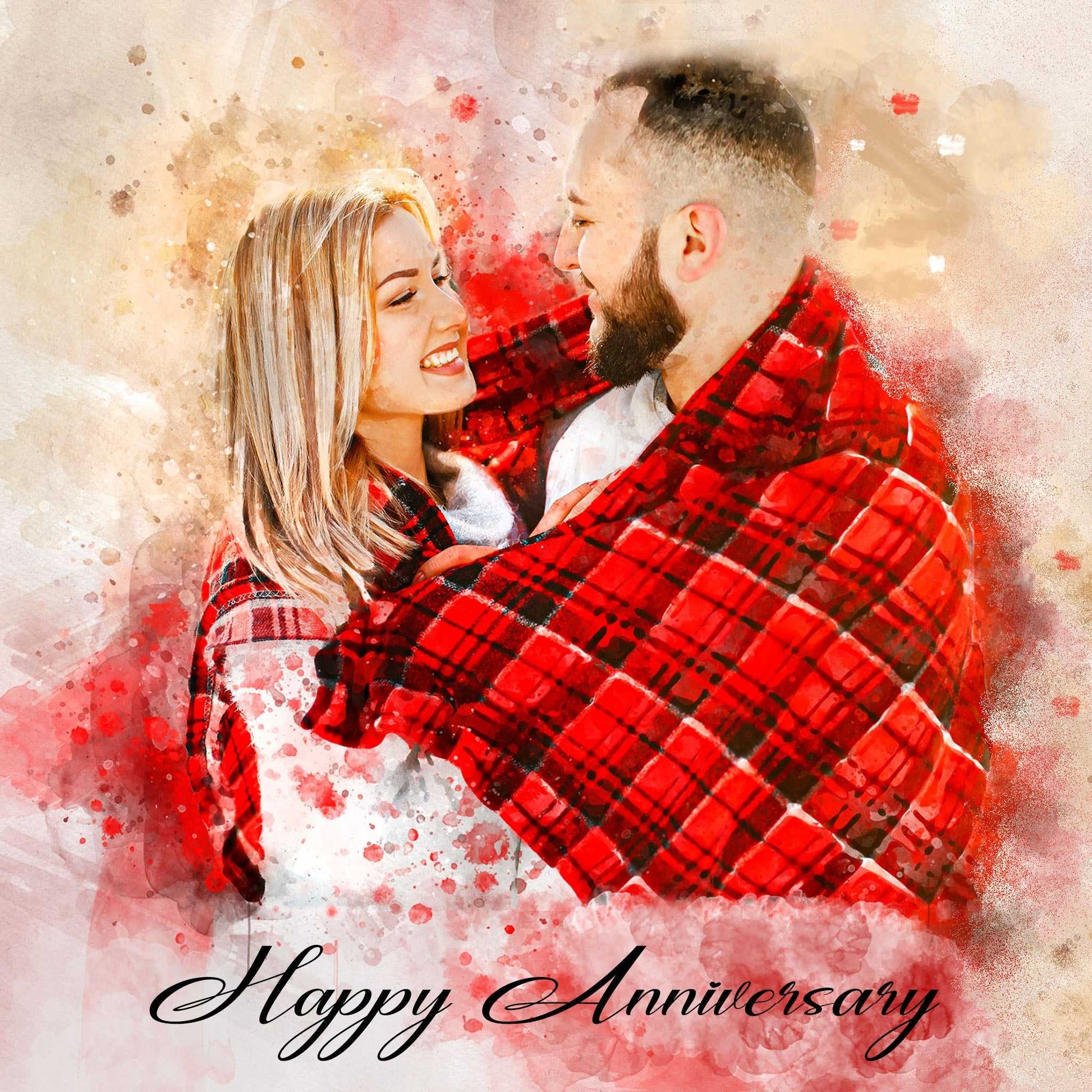 Custom watercolor portrait by FromPicToArt, depicting a smiling couple wrapped in a cozy red plaid blanket, looking at each other, with 'Happy Anniversary' text at the bottom. A warm and romantic 7-year anniversary gift.