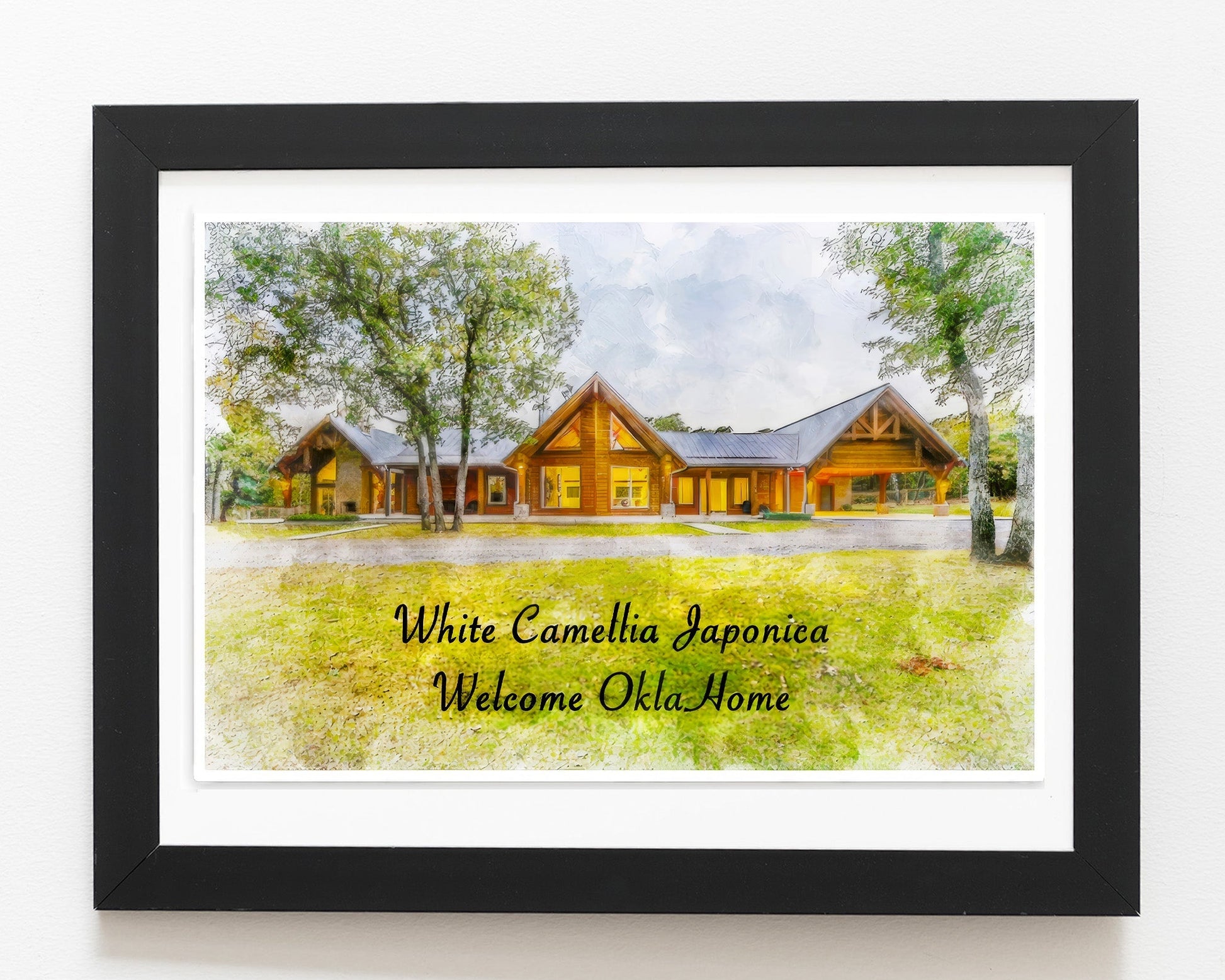 A modern, long wooden house with a gabled roof and large windows, surrounded by trees and a grassy lawn, is typical of Custom House Paintings. The text "White Camellia Japonica Welcome Okla Home" is overlaid on the image.