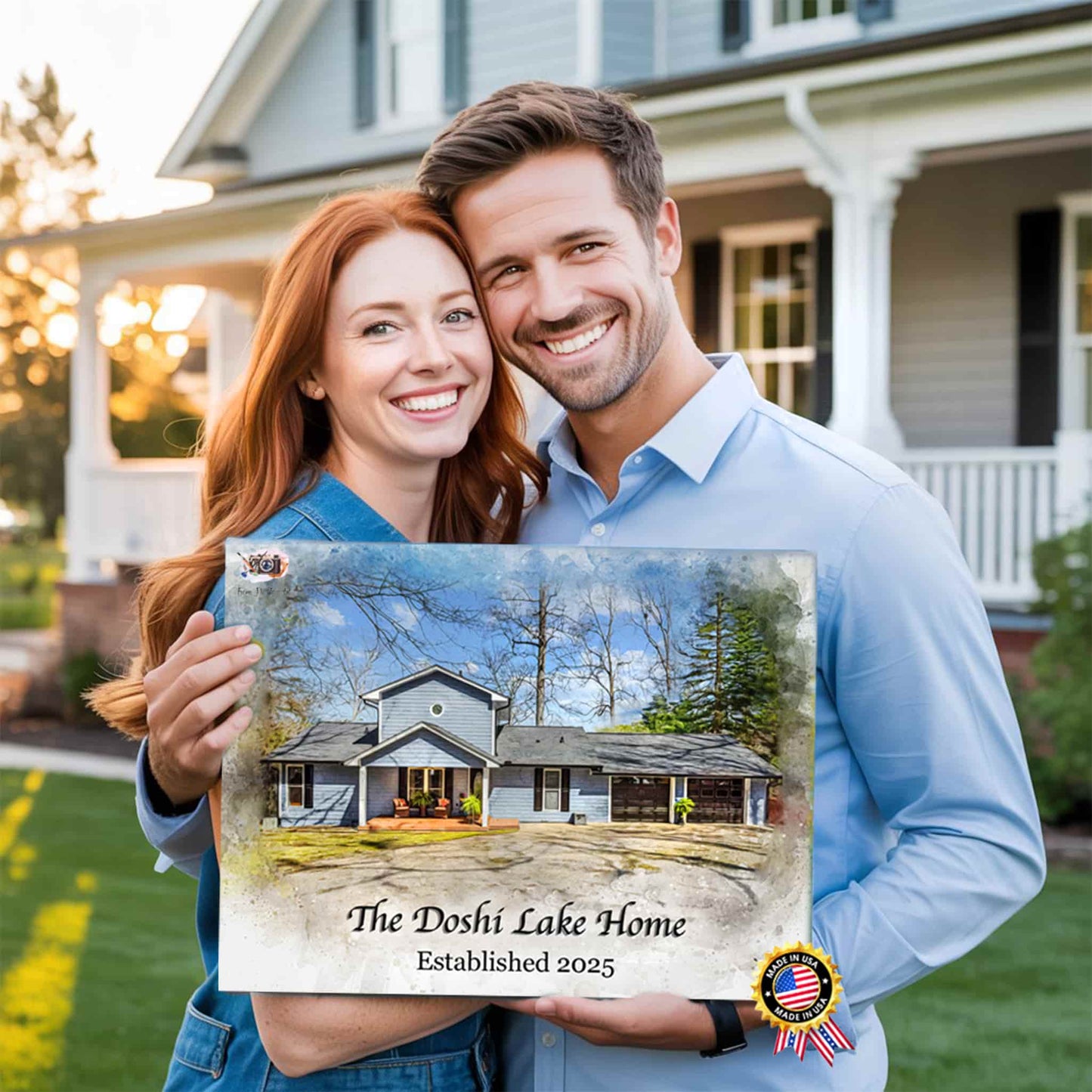 A couple holding a custom house portrait with text in front of a house.