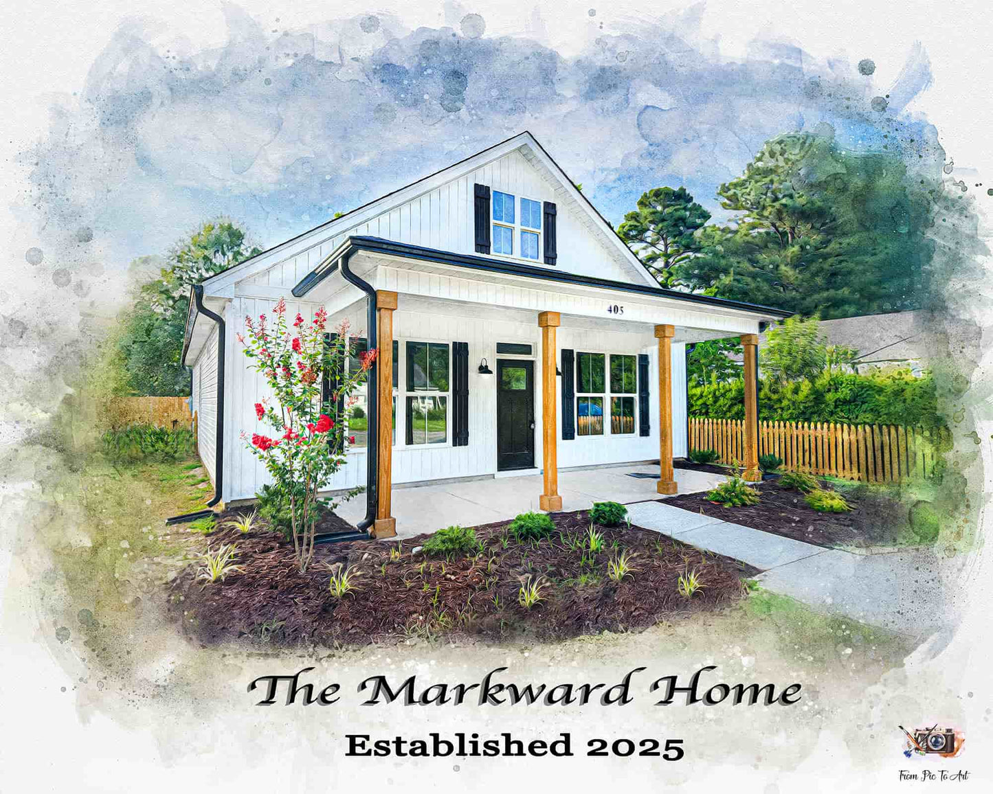 A custom house portrait in watercolor style of a modern, white home with a light green exterior, and a front porch.